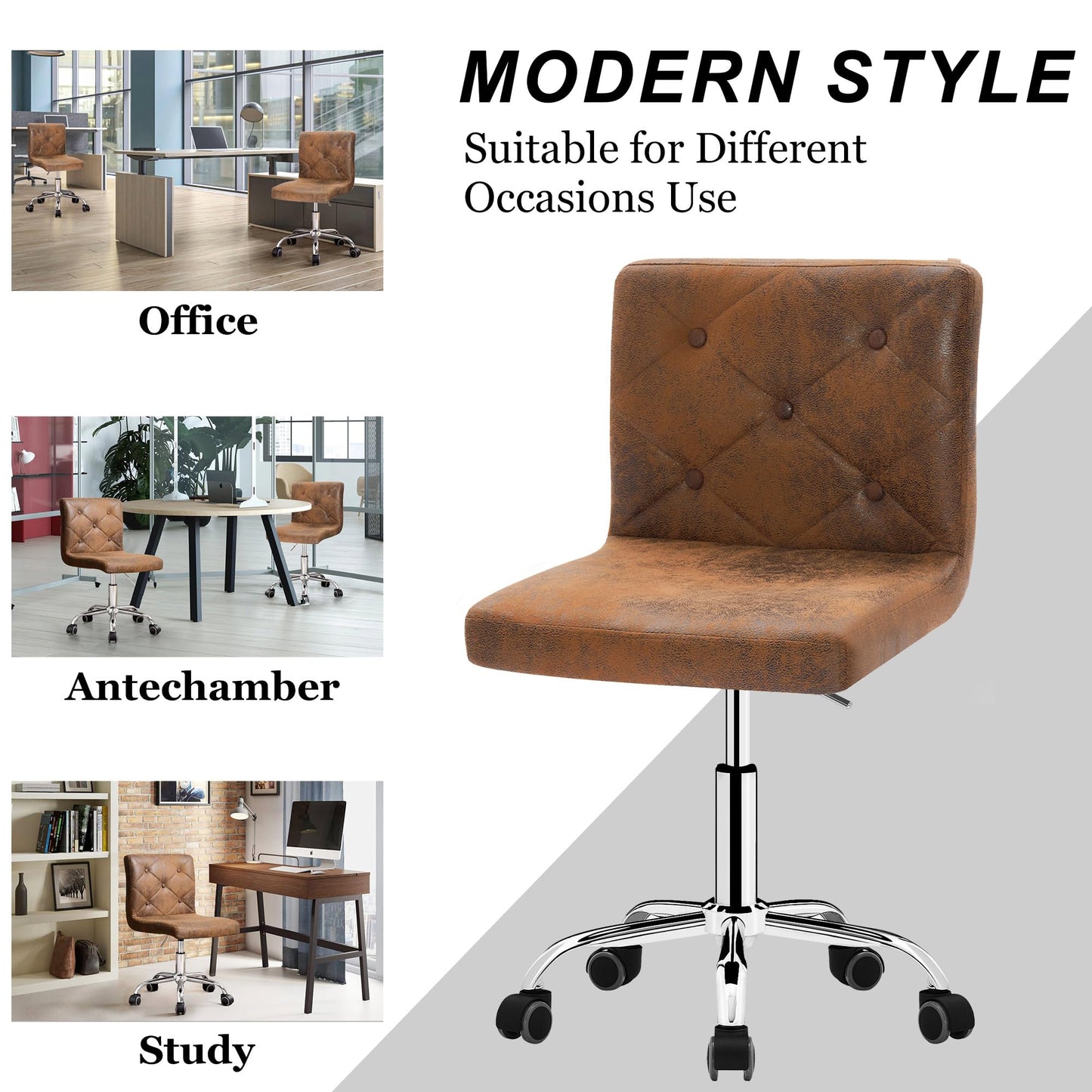 VECELO PU Leather Mid-Back Armless Desk Chair Adjustable Height 360° Rolling Swivel for Home Office Work, Dark Brown