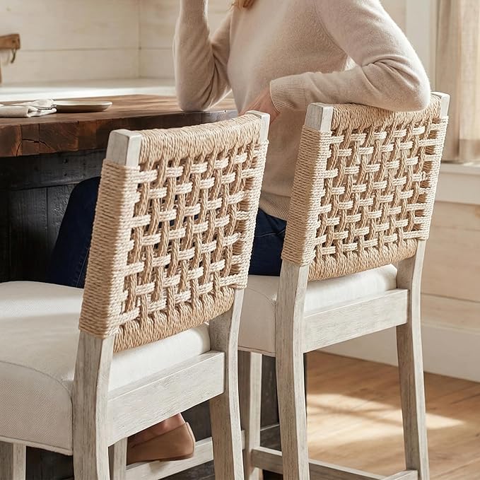 27" White Bar Stools for Kitchen Counter, Mid Century Linen Fabric Counter