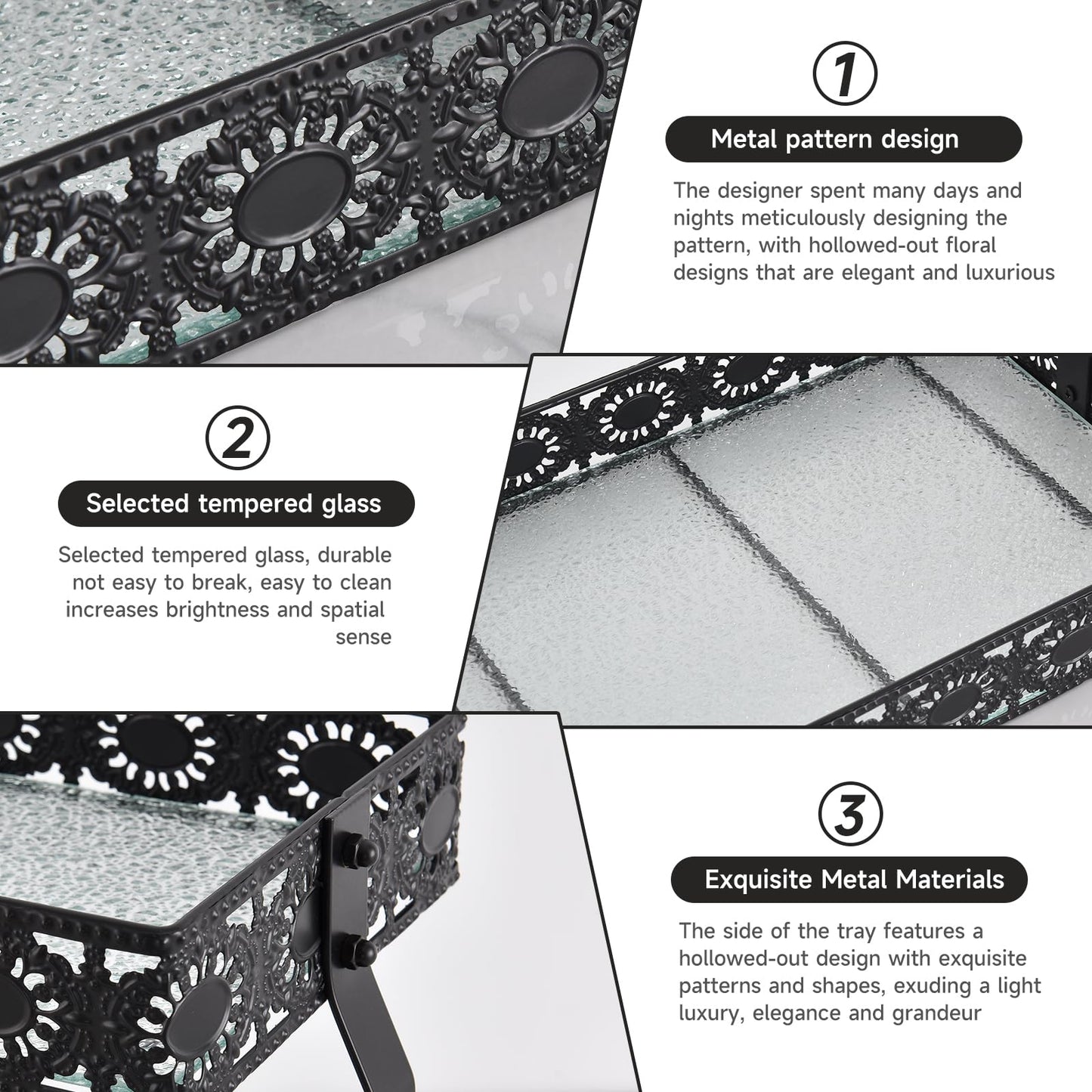 xiaojuande-Two Layer Glass Storage Tray with Portable Dressing Table Skin Care Product Organization Rack Corner Storage Rack for Bathroom Counter High-end Light - (Black)