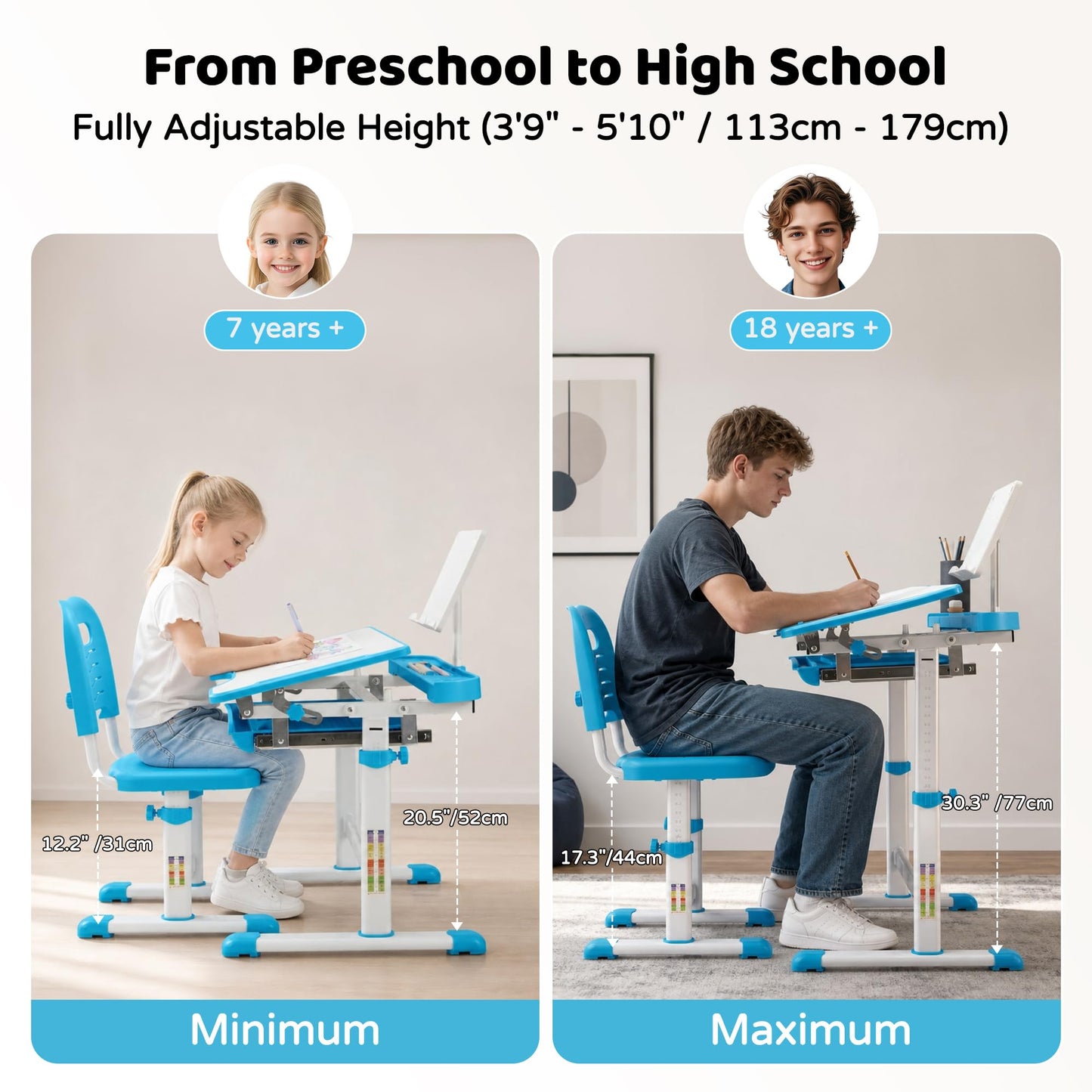 Diroan Kids Functional Desk and Chair Set, Ergonomic Height Adjustable Children School Study Desk with Tilt Desktop, Book Stand, LED Light, Metal Hook and Storage Drawer for Boys Girls(Blue)
