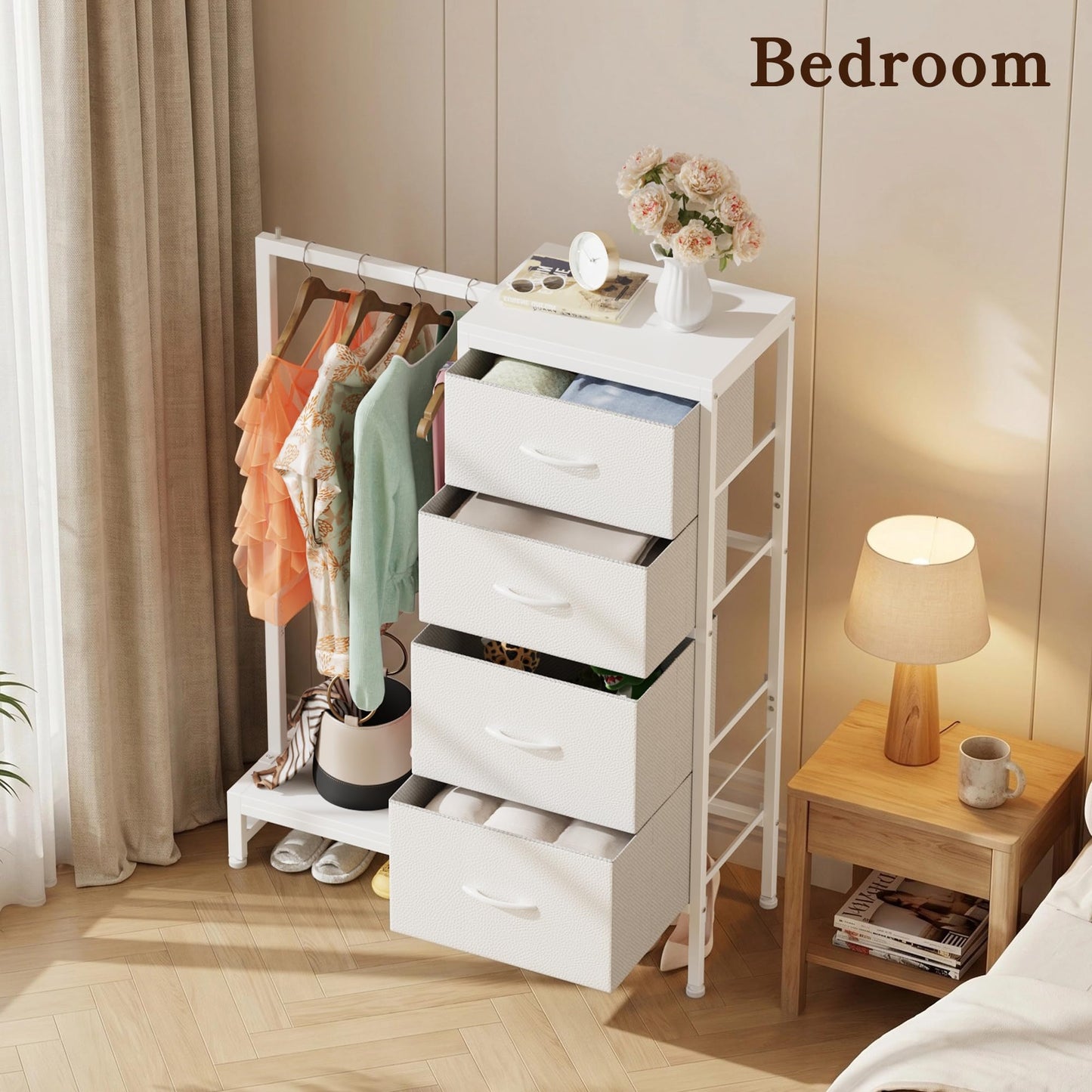 HIGDBFE Tall Dresser 44''H with Hanging Rack, 4 Drawers Small Closet Dresser for Bedroom, Reversible Fabric Chest of Drawers with Clothes Rack, Tall Storage Tower, Sturdy Frame, White