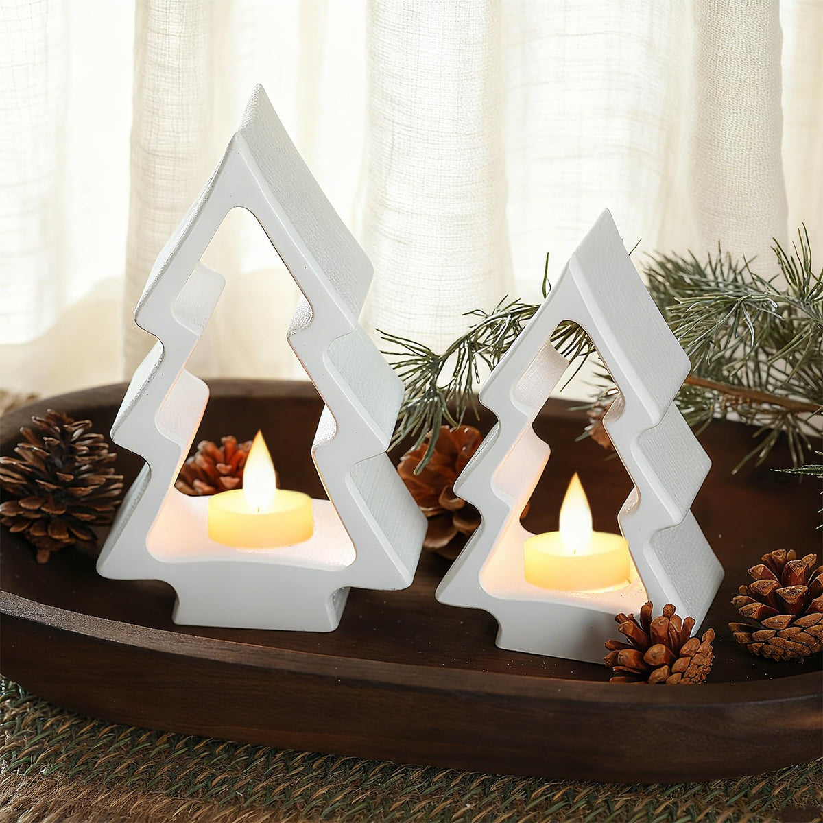 AceOrbit 2 Pcs Christmas Tree Candle Holders White Wooden Tealight Holders Wooden Farmhouse Rustic Candle Stick Xmas for Christmas Table Centerpiece Mantel Decor