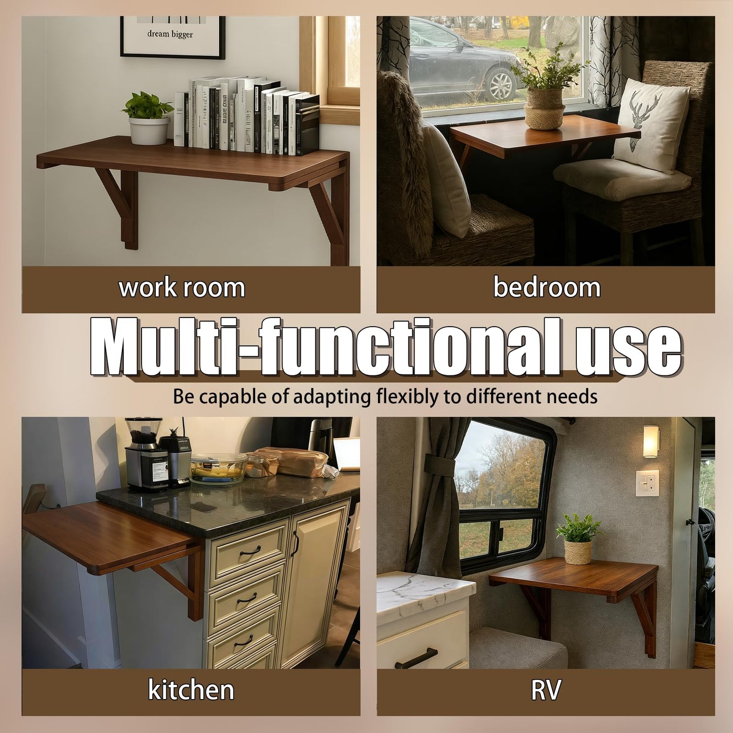 MM MELISEN Floating Desk - 30x20 Inch, Walnut Finish Wall-Mounted Desk for Home Office or Bedroom Work. Solid Wood Drop-Leaf Design. Folds up neatly for Small Space Living