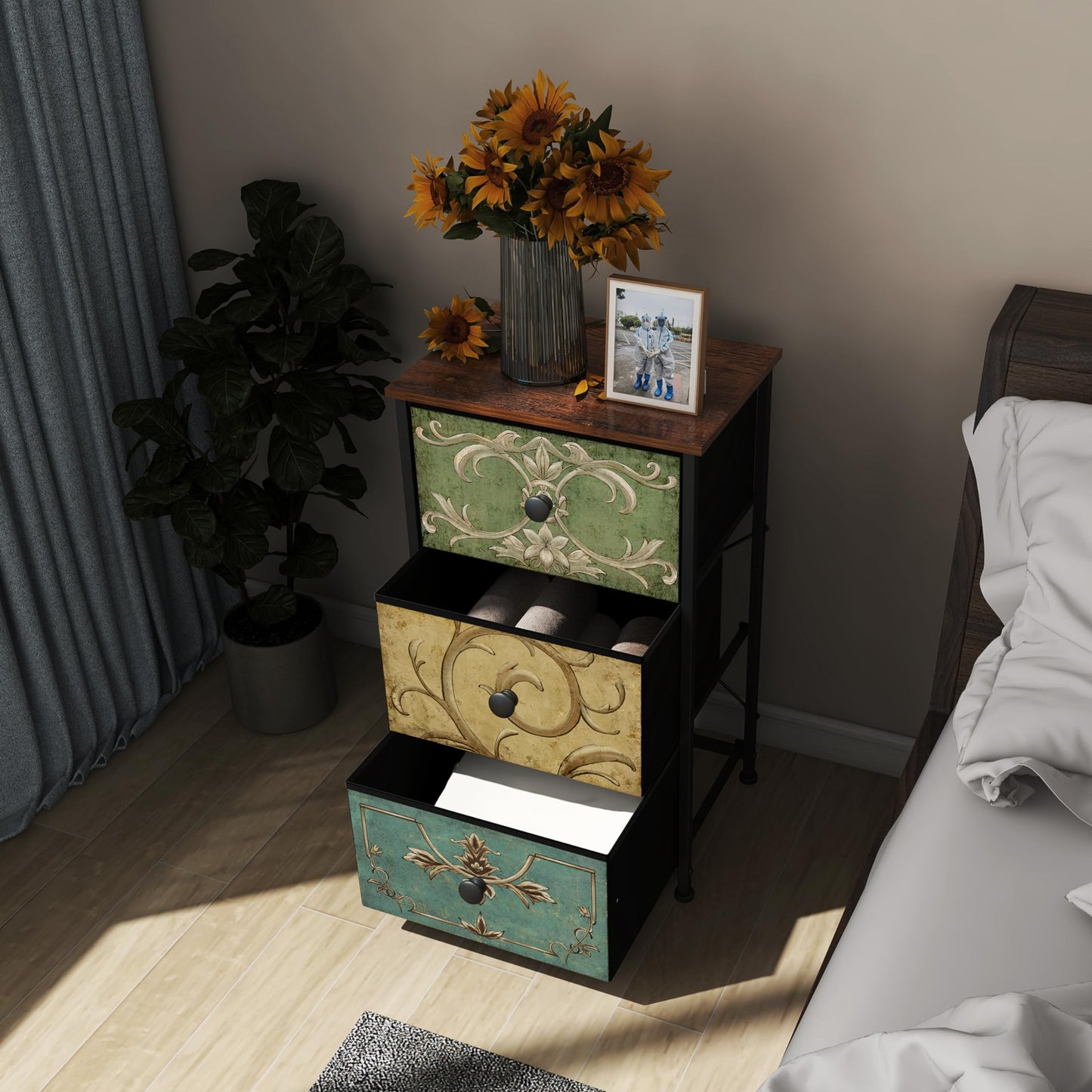 Tohomeor Small Dresser for Bedroom with Retro Flower Narrow Drawers Slim Chest of Drawers Skinny Nightstand Sofa End Table for Living Room Entryway Closet Storage (Multi, 3 Drawers)