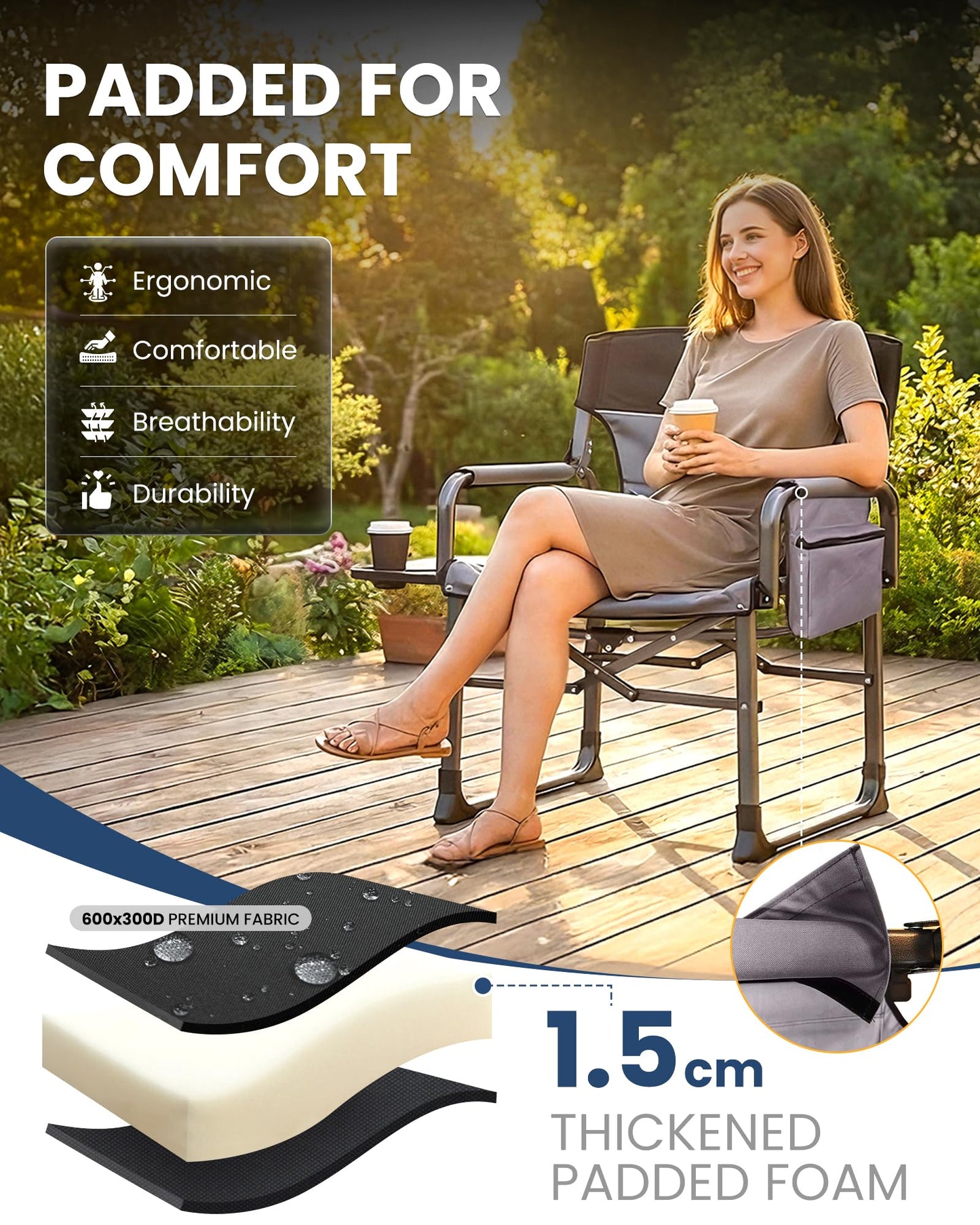 KingCamp XXL Heavy Duty Camping Directors Chair 550lbs Capacity, Extra Wide Oversized Camp Chairs with Side Table & Cooler Bag, Compact Padded Folding Chair for Big and Tall Outdoor Sports Picnic Lawn