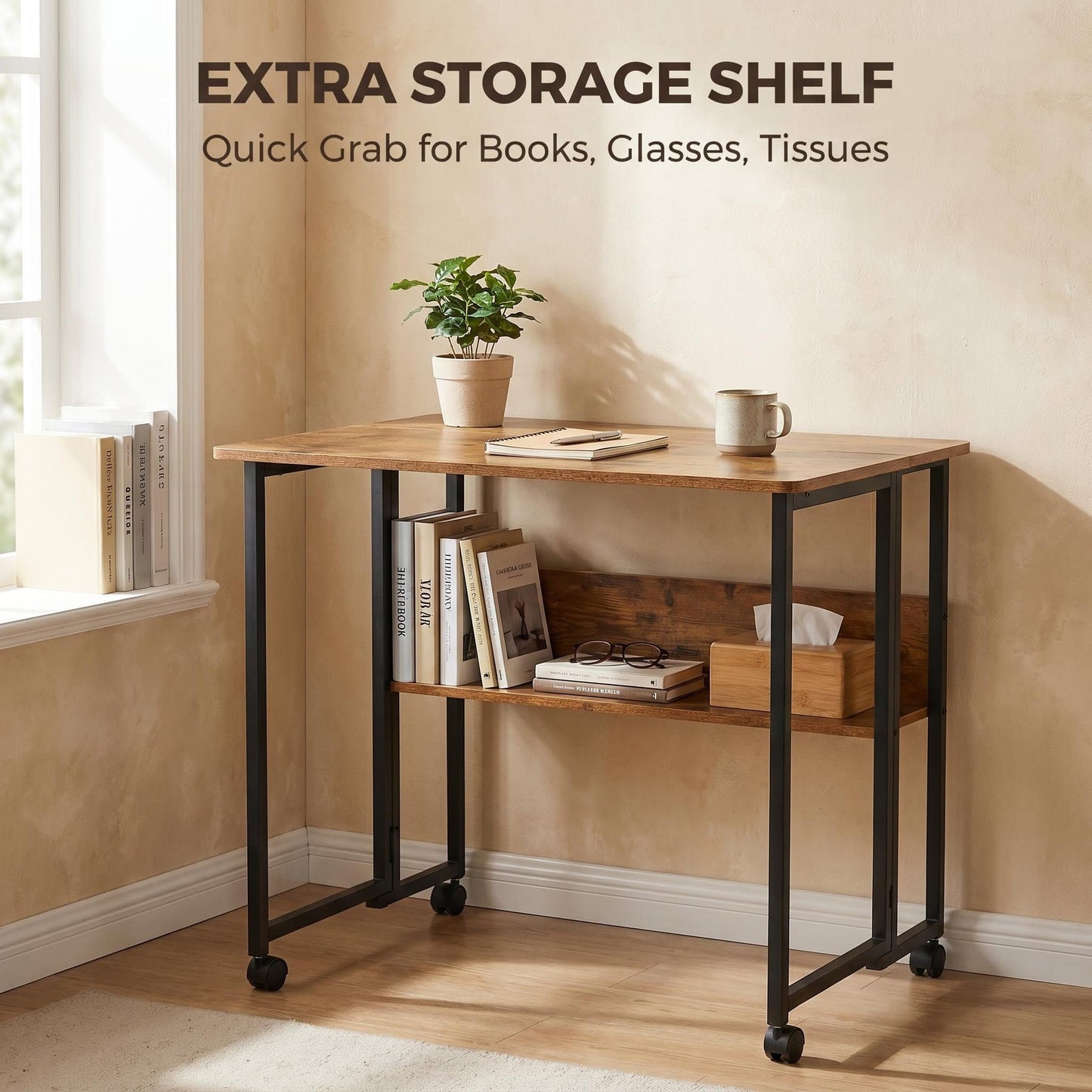 Windpost Mobile Foldable Desk w/Wheels and Feet Pads, Foldable Computer Desk, Folding Desk, Small Computer Desk for Small Spaces, Folding Table for Office Bedroom Living Room-Rustic Brown