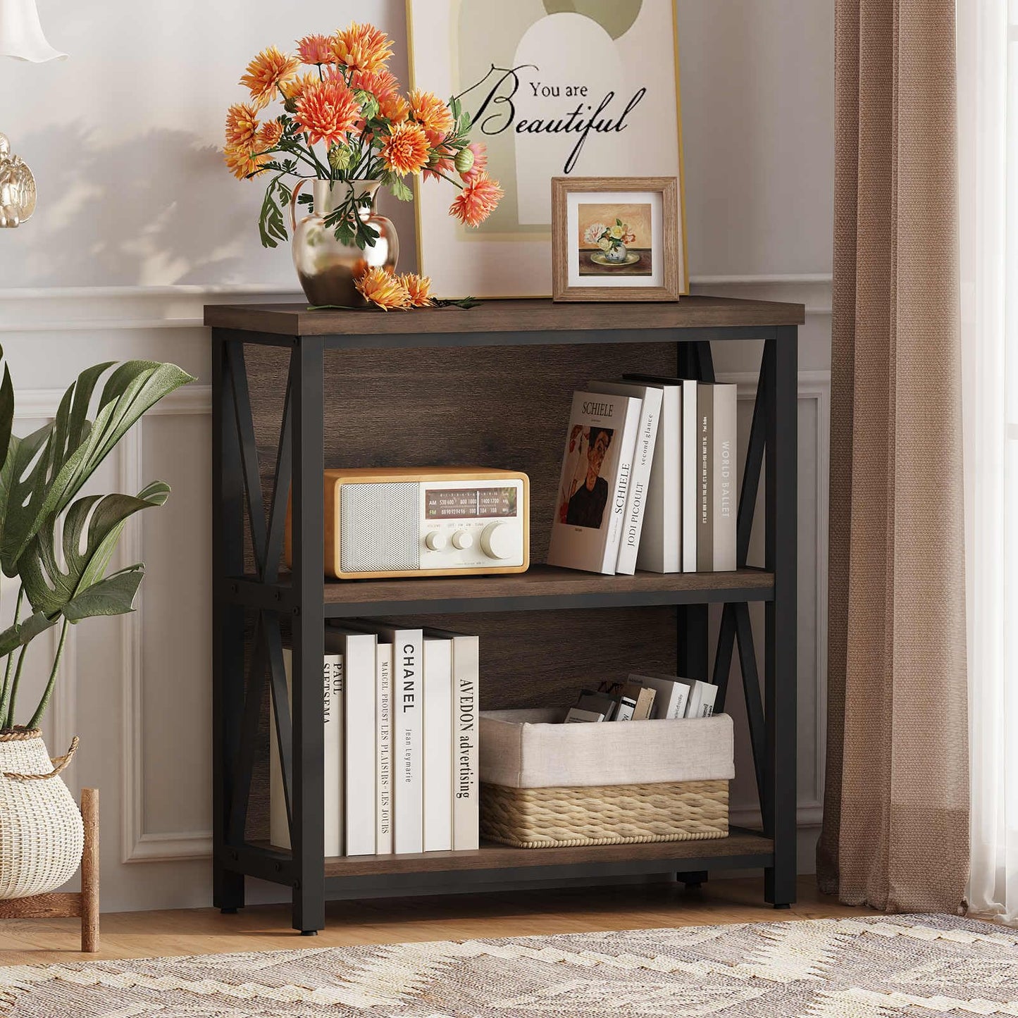 FATORRI Small Bookshelf, Rustic Book Shelf for Small Space, Low Short Bookcase, Industrial Wood and Metal Bookshelf and Bookcase for Living Room (Rustic Brown)