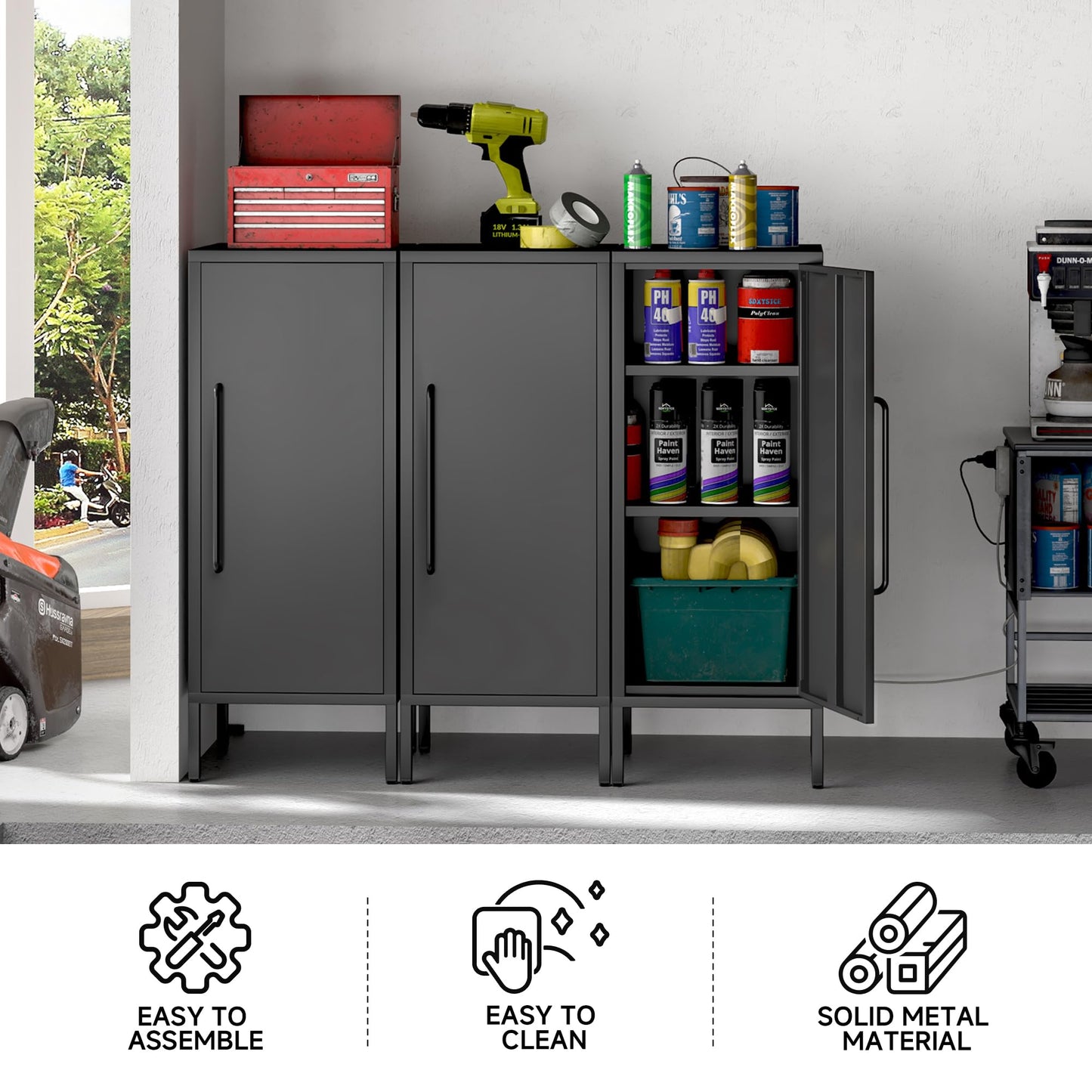 PEROKIER Metal Storage Cabinet with Door & 2 Adjustable Shelves 39.5” Small Storage Cabinet with Magnetic Closure for Home Office Garage Kitchen (Black)