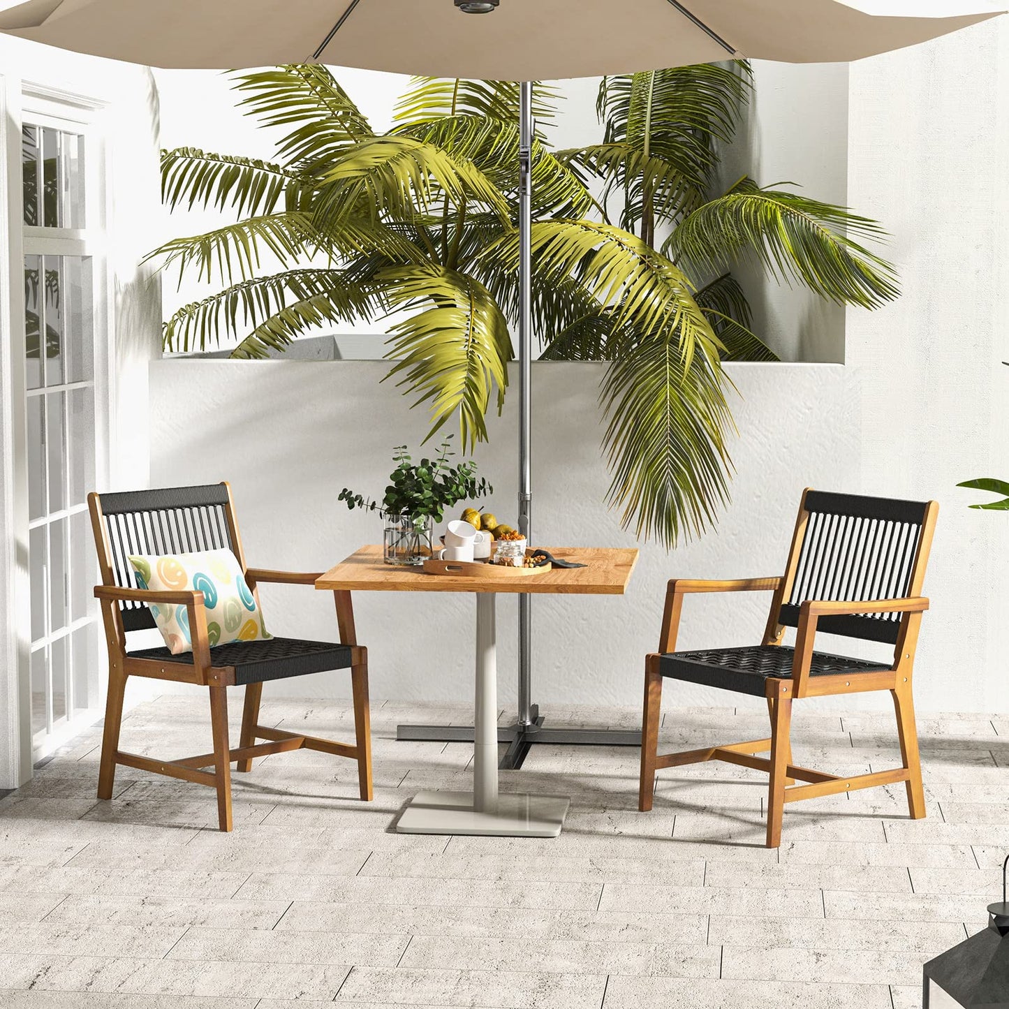 Tangkula Outdoor Acacia Wood Dining Chairs Set of 2, All-Weather Rope Woven Patio Chairs with Armrests, Outdoor Armchairs for Patio, Lawn, Garden, Backyard (1)