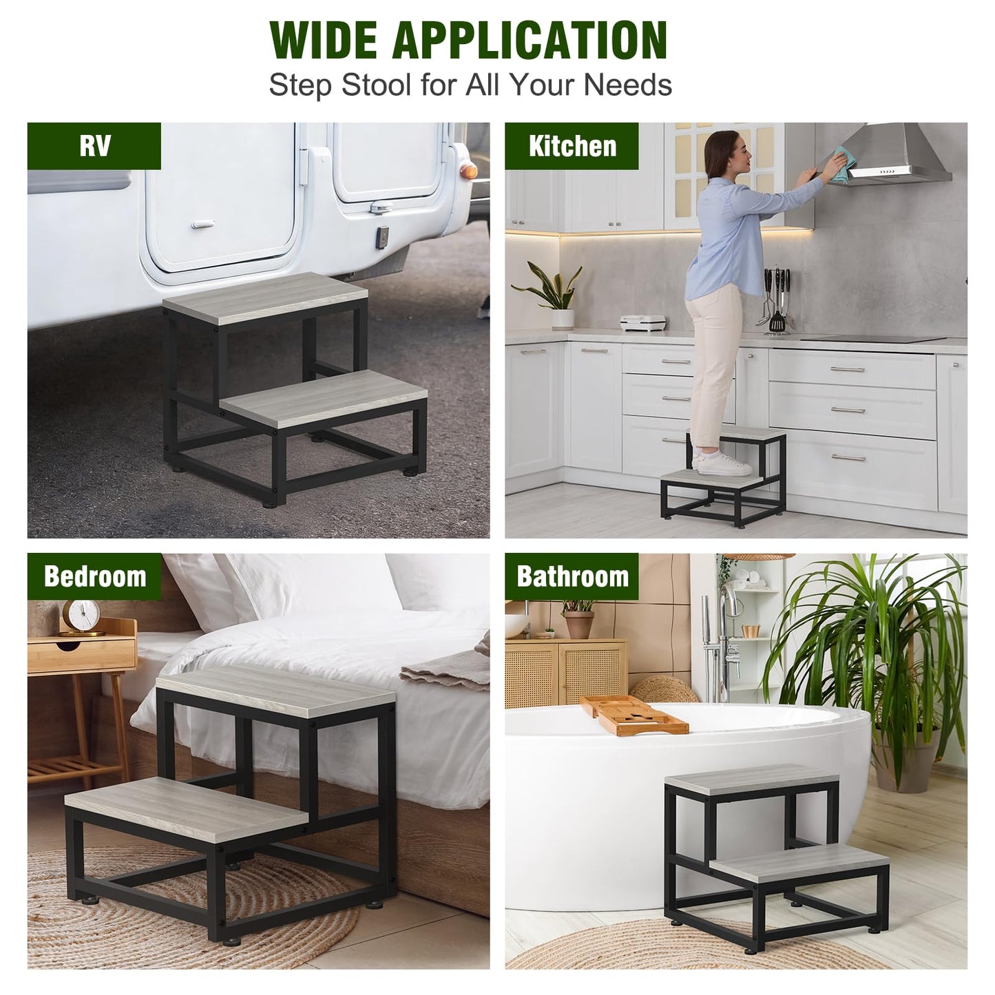 LIANTRAL Step Stool for Adults & Kids, Heavy Duty Wooden Stepping Stools, Bedside Foot Stool with 500lbs Load Capacity, Non-Slip 2 Step Stool for Bed, Kitchen, RV - Gray