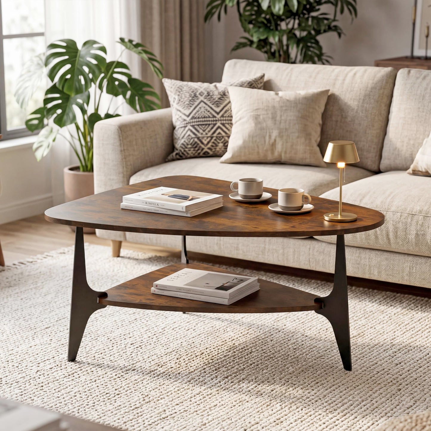 MWOOD Triangle Coffee Table, 33.5″‌ Modern Coffee Table with Storage Shelf, Waterproof Easy to Clean Center Table for Living Room, Apartment, Rustic Brown