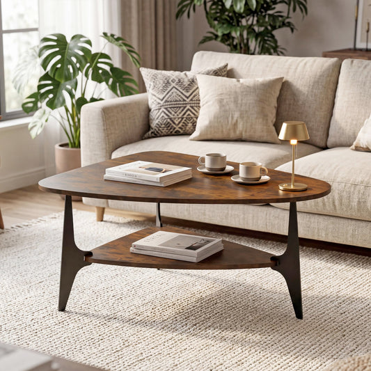 MWOOD Triangle Coffee Table, 33.5″‌ Modern Coffee Table with Storage Shelf, Waterproof Easy to Clean Center Table for Living Room, Apartment, Rustic Brown