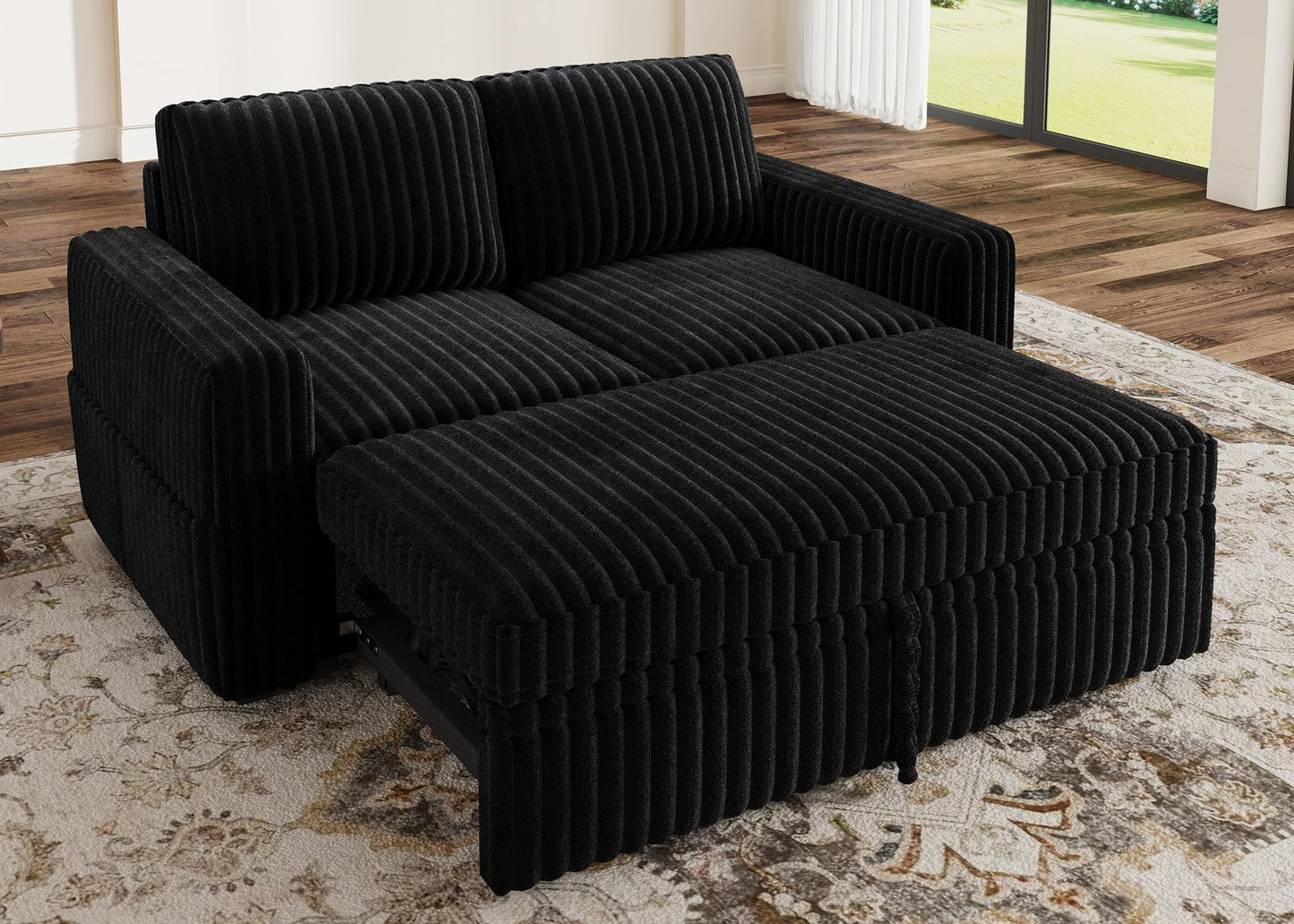 HONBAY Modular Pull Out Sofa Bed,Corduroy Loveseat, Couches for Living Room,Black