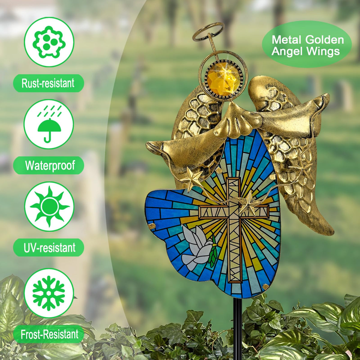 Hokfirm Solar Cross for Cemetery Grave,Metal Angel Garden Stake Pathway Light for Yard Patio Cemetery,Solar Angel Garden Decor Statue for Outside,Memorial Gifts for Women
