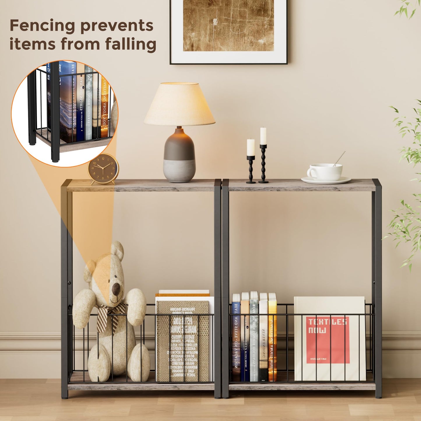 Homleke Narrow Side Table with Magazine Holder, Skinny End Table Perfect for Small Spaces, Space-Saving Design for Living Room, Bedroom, or Office, 7.1" D x 16.9" W x 23.6" H, Greige