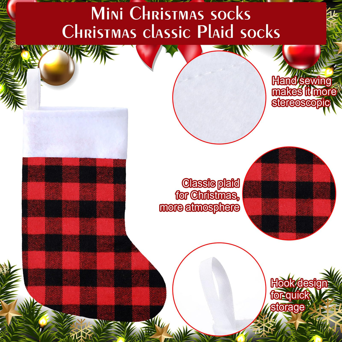 Skylety 24 Pcs Mini Christmas Stockings 8.27 Inch Small Buffalo Plaid Red Black Stockings Hanging Ornament Classic Bulk Christmas for Family Holiday Party Gift Xmas Tree Decoration