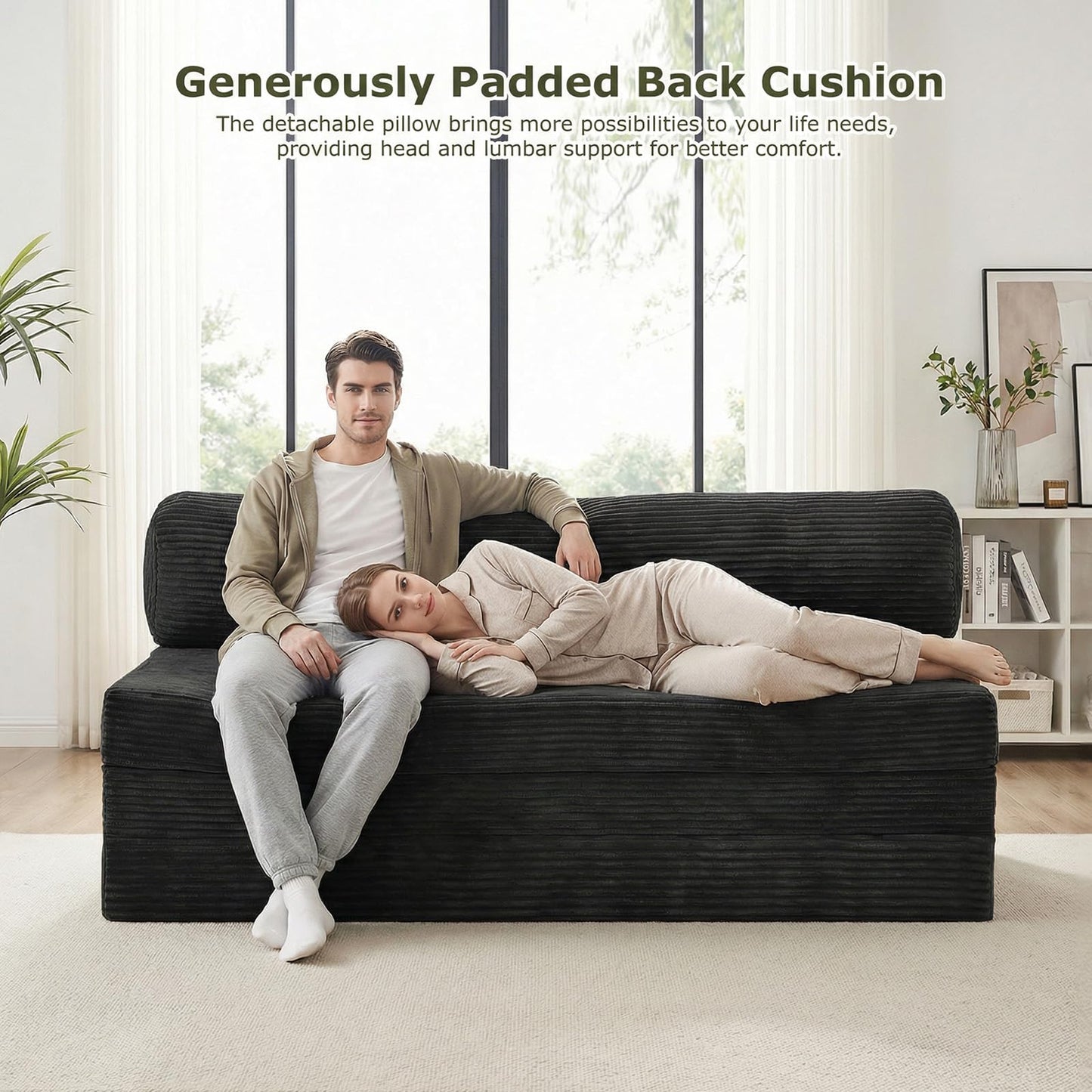 NLDD 5-in-1 Convertible Sofa Bed, Boneless Couch Loveseat with Removable Cushions & Washable Cover, Futon Sofa Bed with Handle, Pull Out Couch for Small Spaces, Queen Size, Black