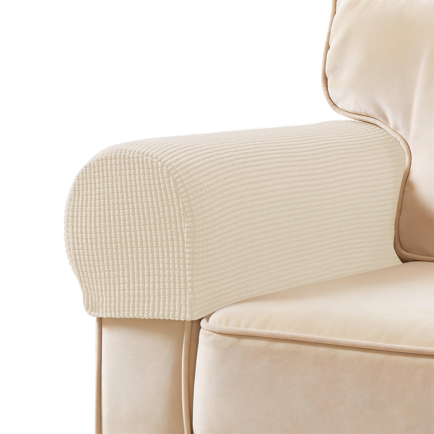 SUBRTEX Stretch Large Couch Arm Covers Set of 2, Checkered Sofa Arm Slipcovers, Anti-Slip Armrest Covers for Recliner and Armchairs, Pet Proof, High Stretchy, Hook & Loop Tape,Ivory (Large,Ivory)