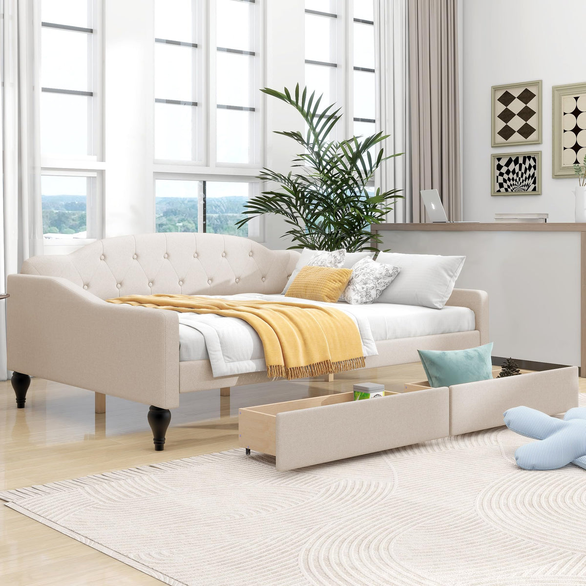 Acosure Full Size Upholstered Tufted Daybed with Two Storage Drawers,Linen Sofa Bed,Easy Assemble & No Box Spring Needed,Perfect for Small Space,Bedroom,Livingroom,Guest Room, Beige