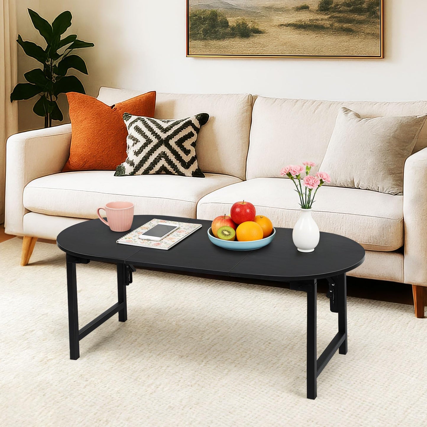CADUKE Folding Coffee Table, Oval Small Coffee Table for Living Room Black Center Table Leg Latches Portable Tables for Small Spaces, Home Office