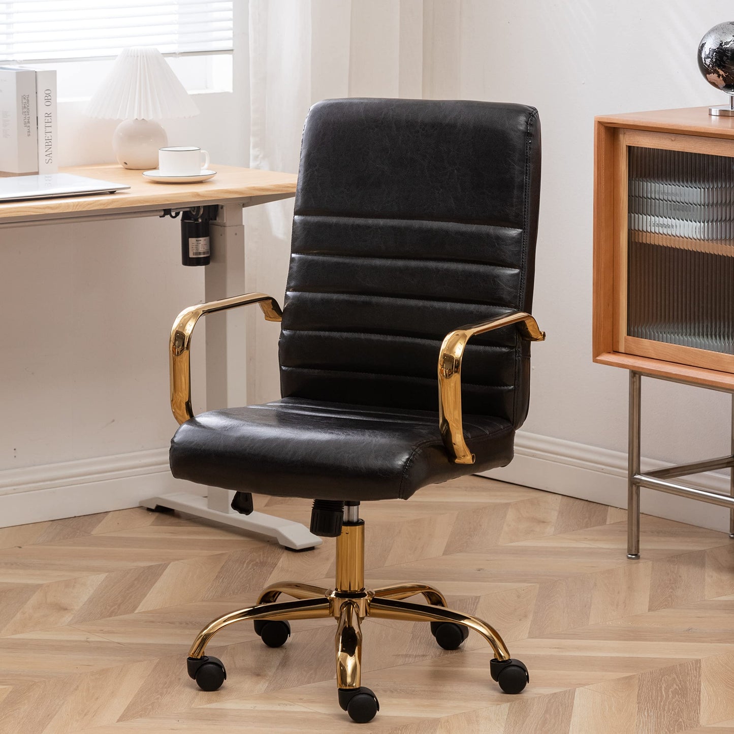 BTEXPERT Black Faux Leather Adjustable Home Office Golden Arms Exectuive High Back Manager Desk Chair, (5162BK)