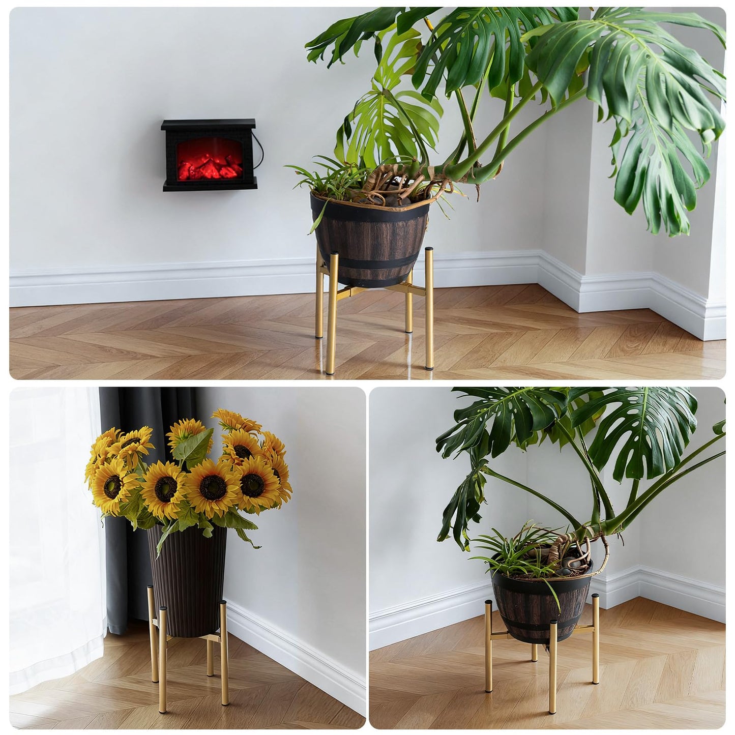 Rioneta Adjustable Metal Plant Stand Indoor, Fits 8-14 Inch Pots, Mid Century Modern Gold Planter Holder,2 Heights, Heavy Duty 160 lb, Indoor Outdoor Corner Floor Pot Stand, Golden