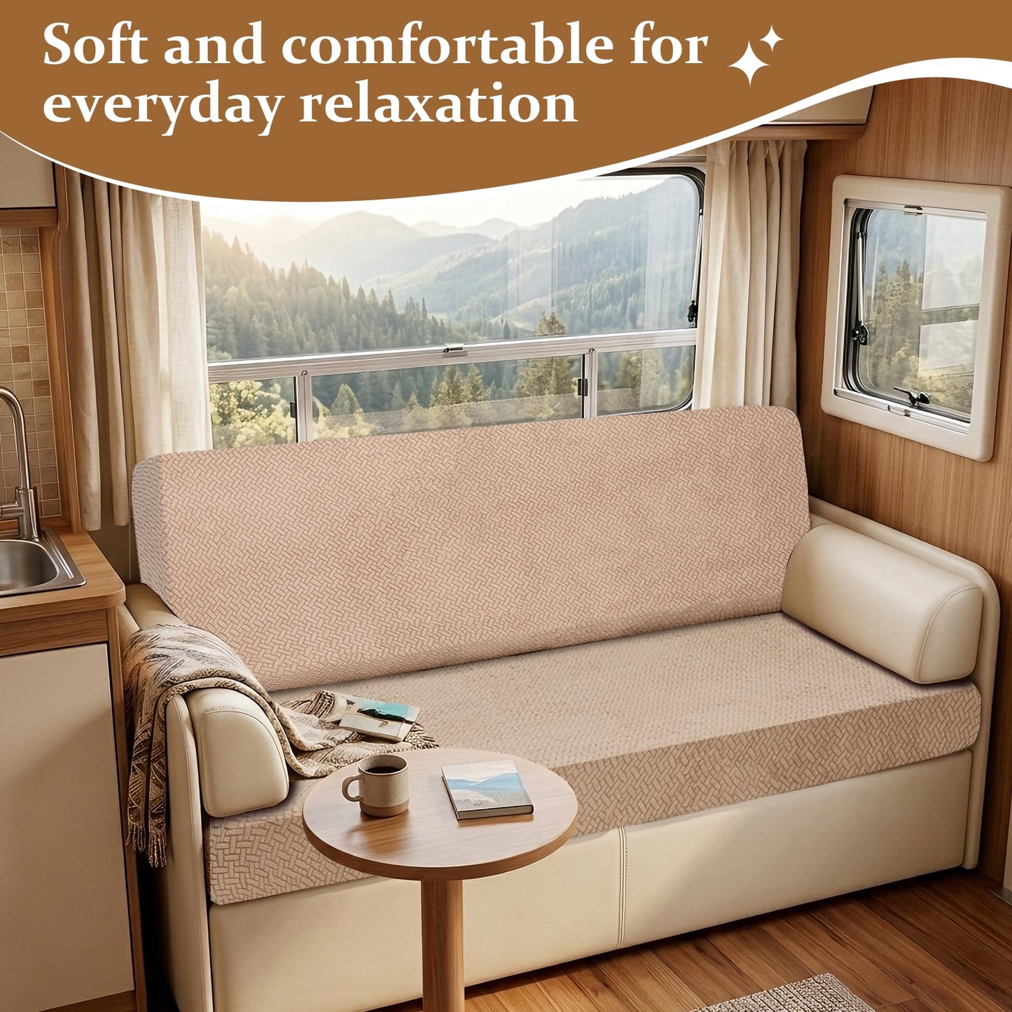 Deerdtride RV Couch Covers for Sofa Bed - 2-Piece Stretchable Jackknife Sleeper Sofa Cover, RV Furniture Slipcover,Khaki
