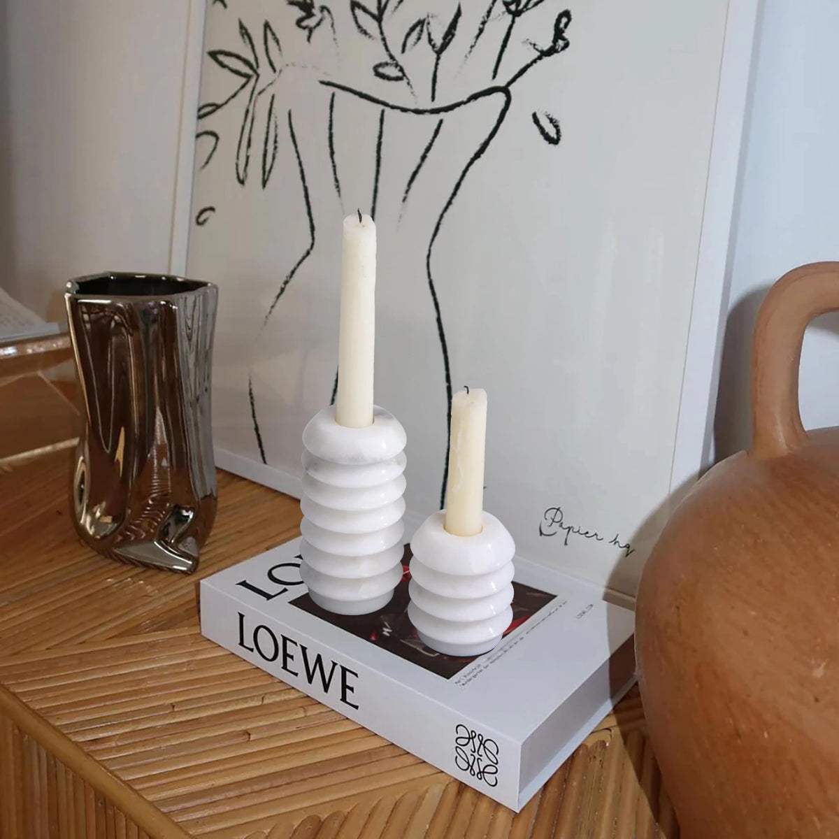 HofferRuffer Marble Candlestick Holders, Set of 2 Natural Stone Candle Holder Decorative Candle Stands for Wedding, Dinning, Party, Table Centerpieces, Fits 3/4'' Thick Candles (MarbleWhite)