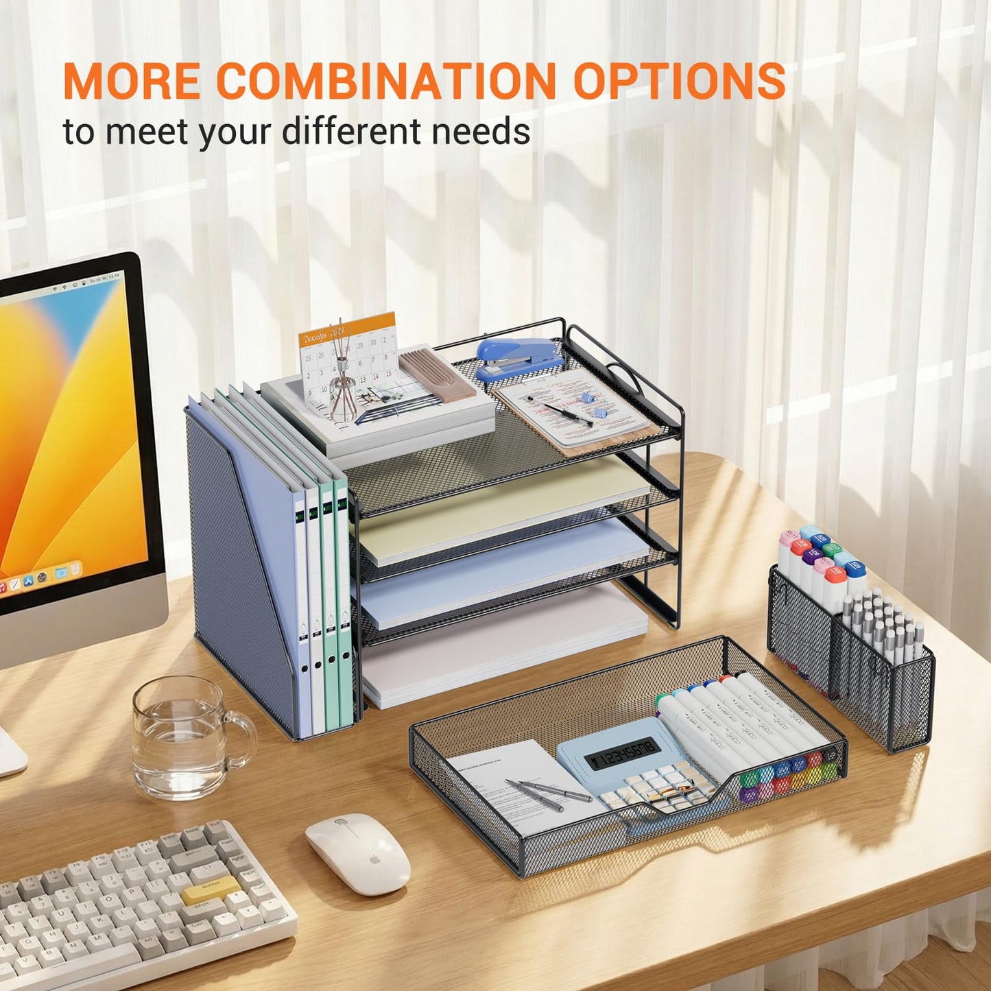 OPNICE Desk Organizers and Accessories, 4-Tier Workspace Desktop File Organizer with Drawer & Pen Holder, Paper Tray Organizer with File Holder, Office Desk Accessories for Home Office Supplies, Black