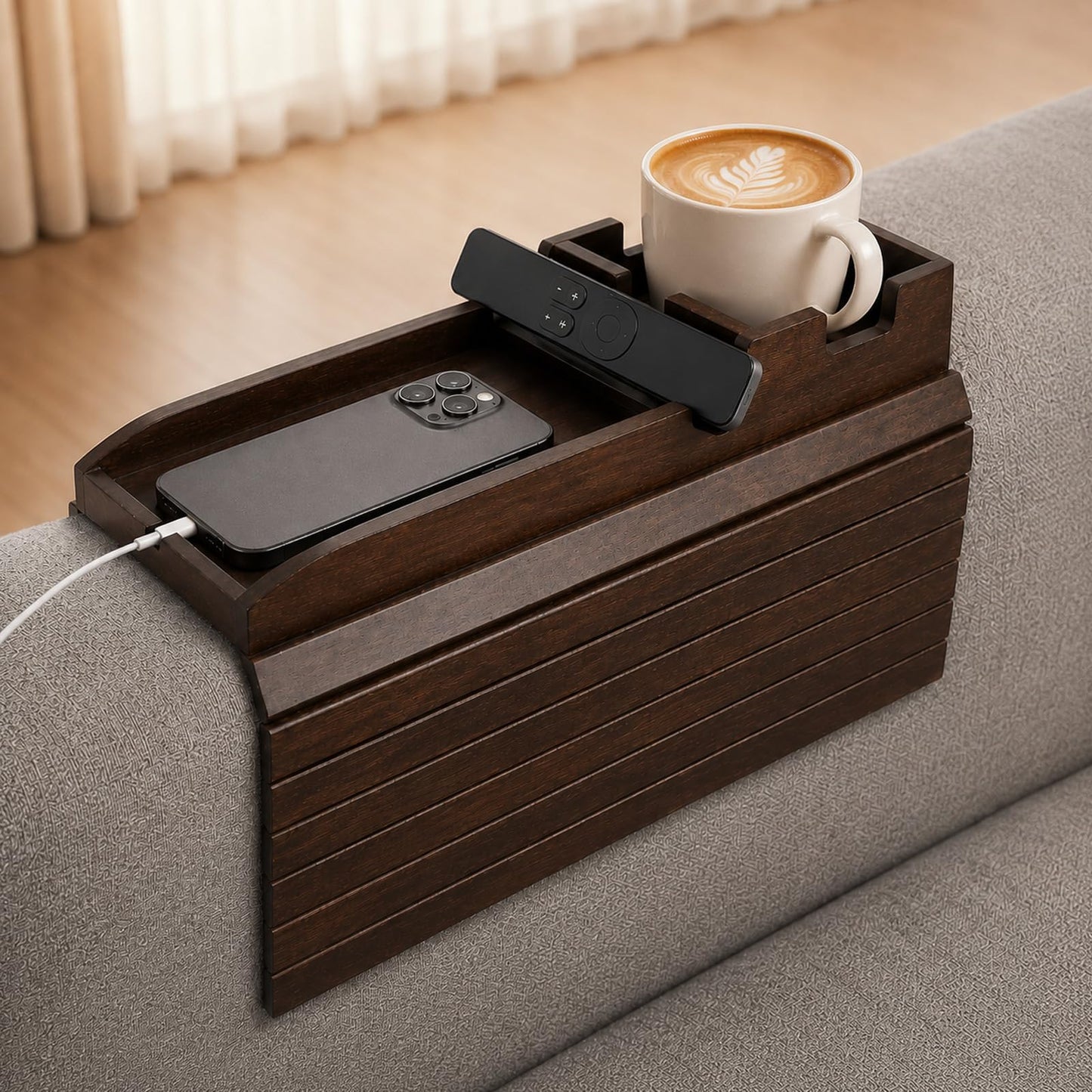 Dumbpec Bamboo Couch Arm Tray Table with Built-in Cup Holder, Foldable Anti-Slip Sofa Armrest Table for Drinks, Phone & Remote, Fits 4.7–16.9 in Armrests, Holds Cups up to 3.5 in Diameter (Brown)