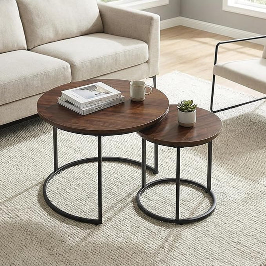 Round Nesting Coffee Table Set of 2, Modern Marble Pattern Wooden Nesting Tables