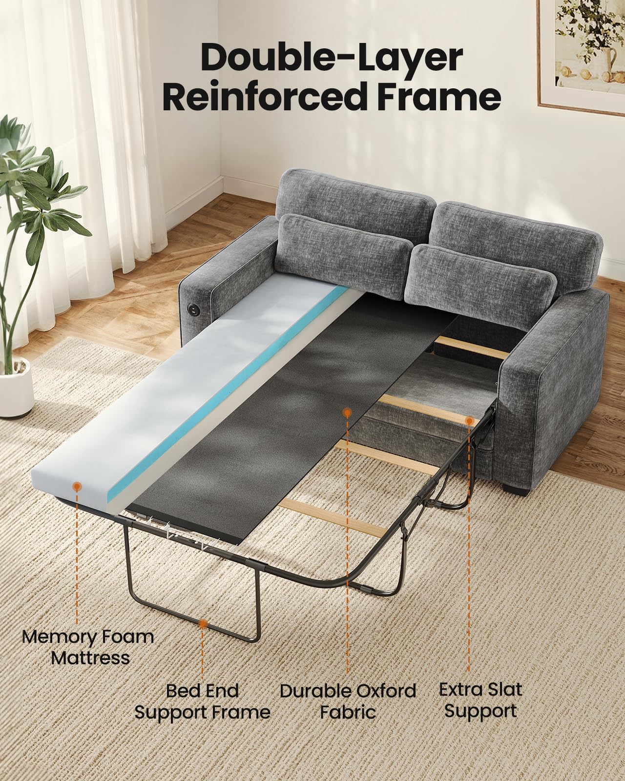 Marsail 63" Pull Out Sofa Bed, Full Size Sleeper Sofa with Memory Foam Mattress, 2 USB Charging Ports & Removable Covers, Chenille Loveseat Couch for Living Room, Apartment, Light Grey