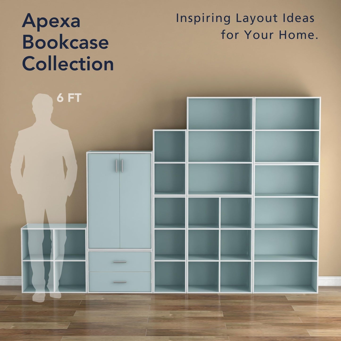 Homes: Inside + Out Apexa 4-Cube Storage Organizer Shelves, Stackable Wood Bookcase Fits Cubby Bins for Organization, Dorm Teen Room Decor & Home Office, Light Blue