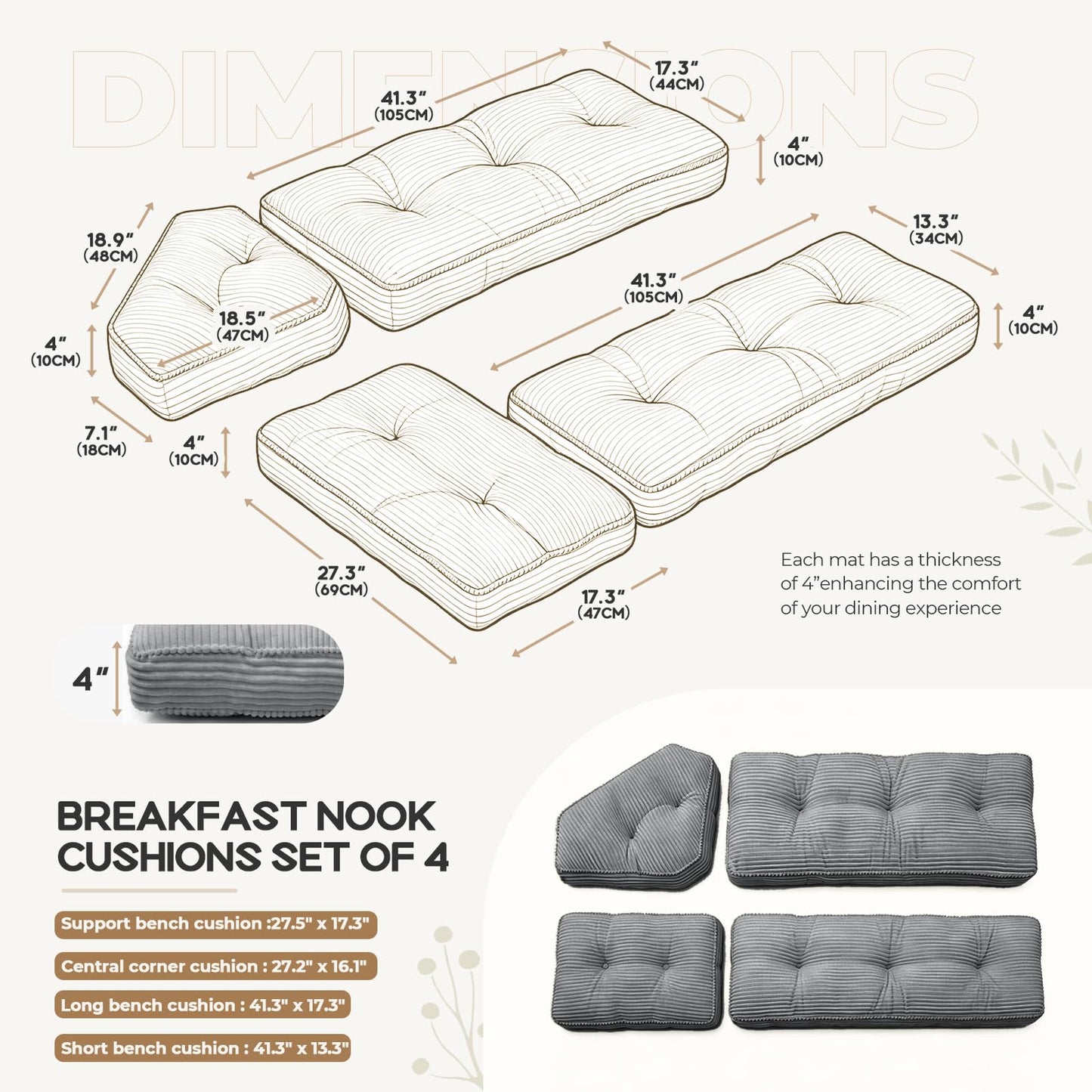 CEAWTUMY Breakfast Nook Cushion Set, 4 Pcs Comfortable Corduroy Nooks Bench Cushions, Non-Slip Anti-Shift Kitchen Nook Cushion for Dining Corner(Grey)