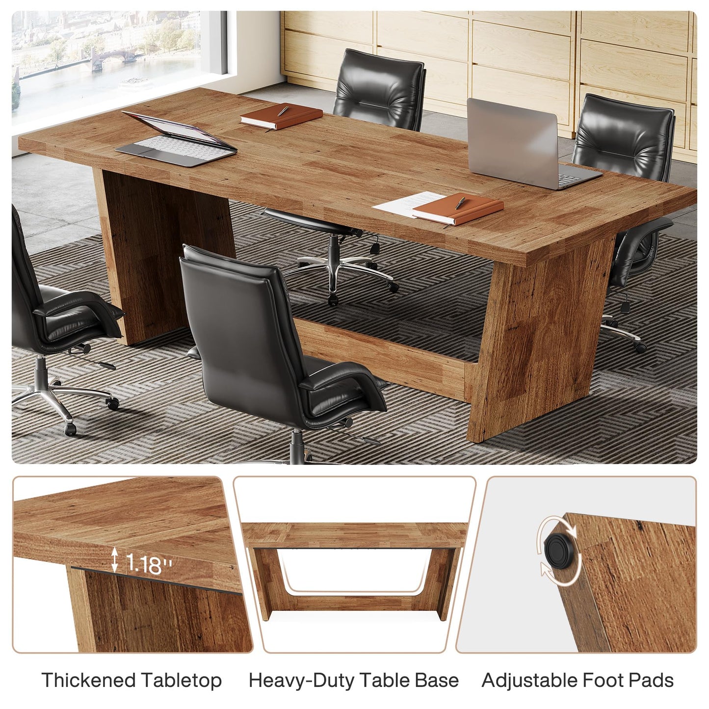 Tribesigns 6 FT Conference Room Table, 71” Rectangular Meeting Table for Office, Large Executive Seminar Desk for 6–8 People, Heavy-Duty Business Boardroom Table with Wooden Pedestal Base, Light Brown