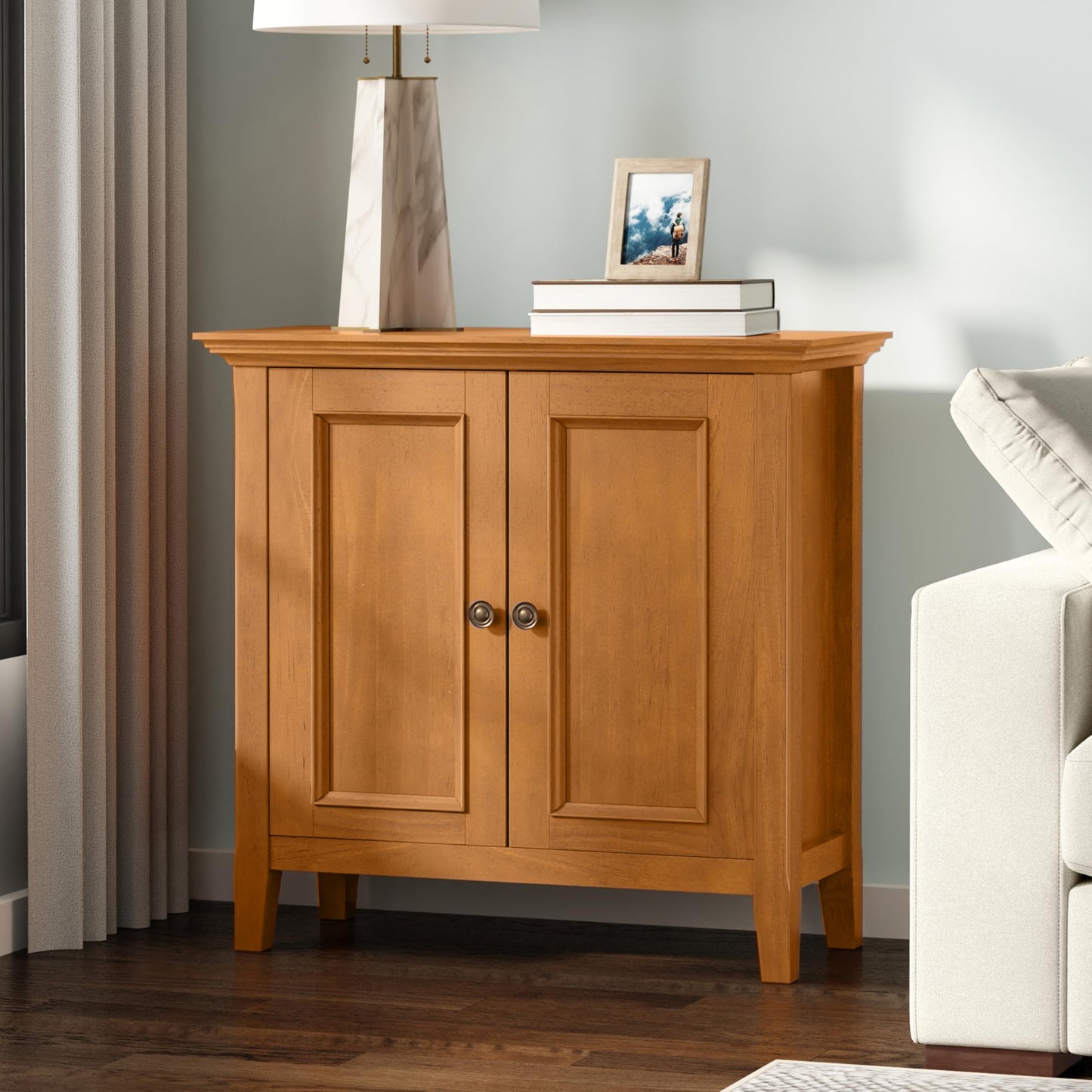 SIMPLIHOME Amherst Storage Cabinet - 32 inch Wide Solid Wood 2-Shelf Low Storage Unit in Light Golden Brown, Transitional Console or Accent Cupboard for Living Room or Entryway with Adjustable Shelves