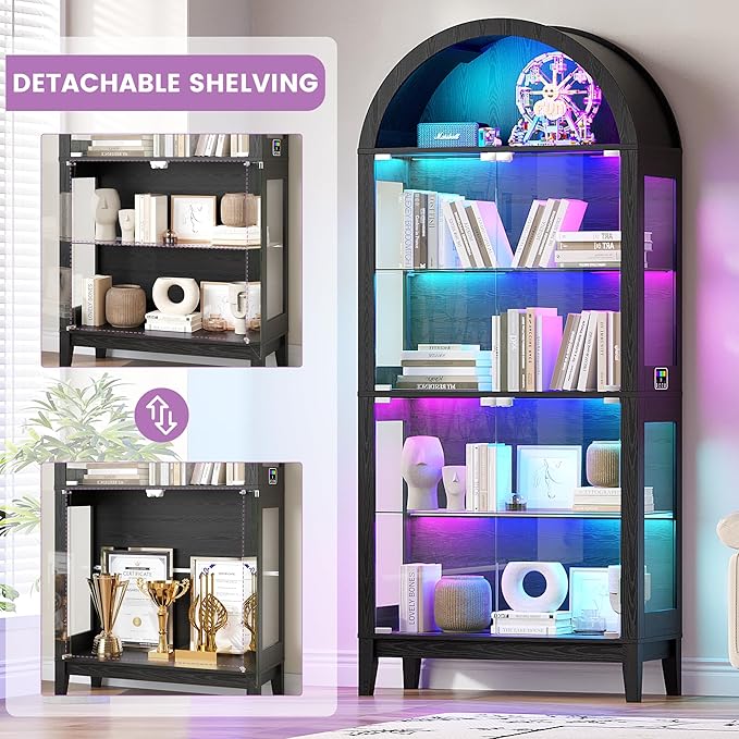 HNEBC 69" Display Case with RGB Lights, Arched 5-Tier Tempered Glass Display