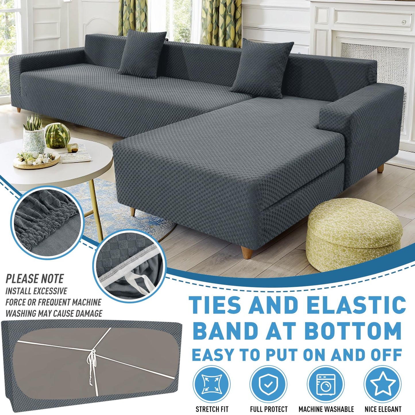 ZNSAYOTX Sectional Couch Covers, Stretch Jacquard Slipcovers with Elastic Bottom for L-Shape Sectional Sofa, 2 Pcs Pet Friendly Modular Sofa Protector (3 Seat Couch + 3 Seat Chaise, Dark Grey)
