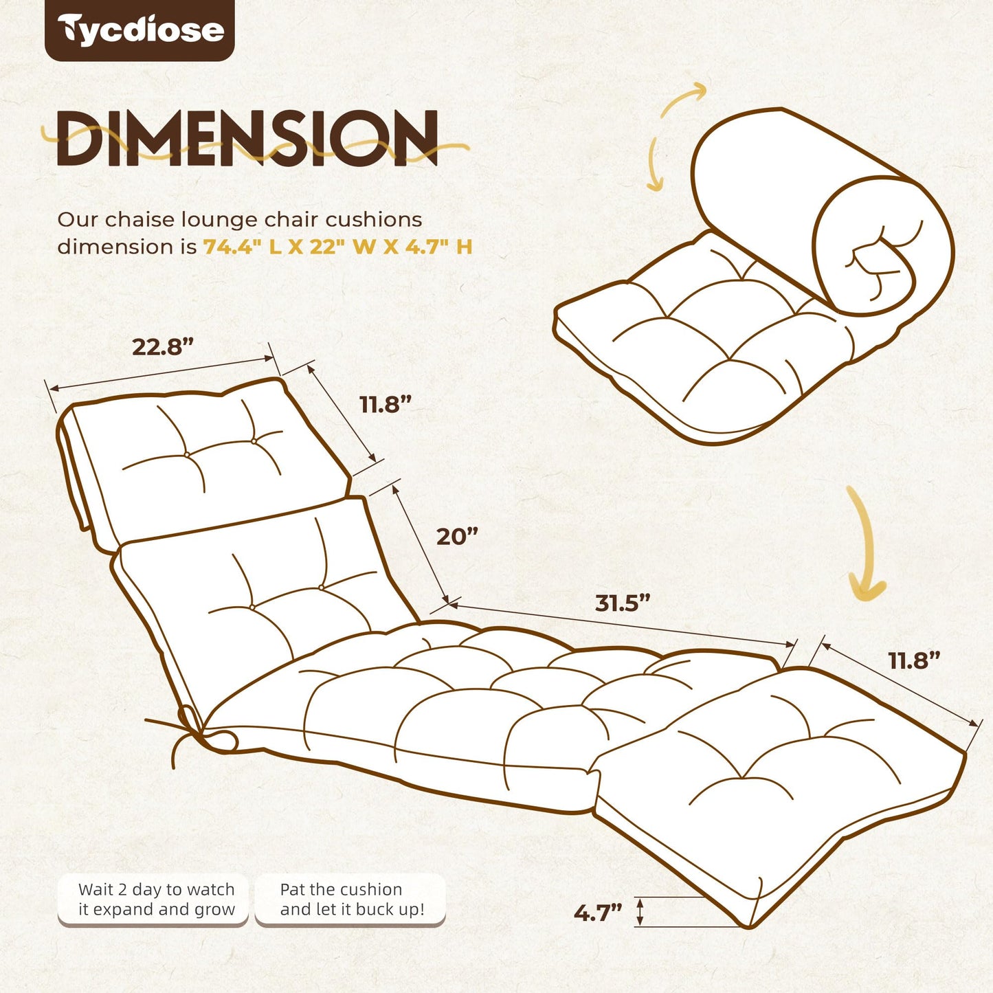 Tycdiose Waterproof Outdoor Chaise Lounge Chair Cushion 74.4 x 22 x 4.7 Inches Memory Foam Lounge Chair Cushions for Outdoor Furniture with Ties, Thickened Pool Chaise Lounge Chair Cushions, Brown