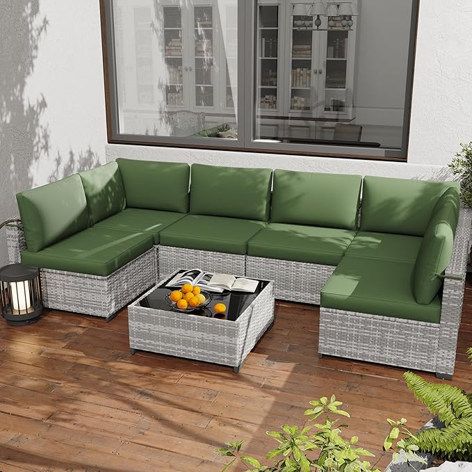 KIGOTY Patio Furniture Set, 7 Pieces Modular Outdoor Sectional Sofa, PE Rattan