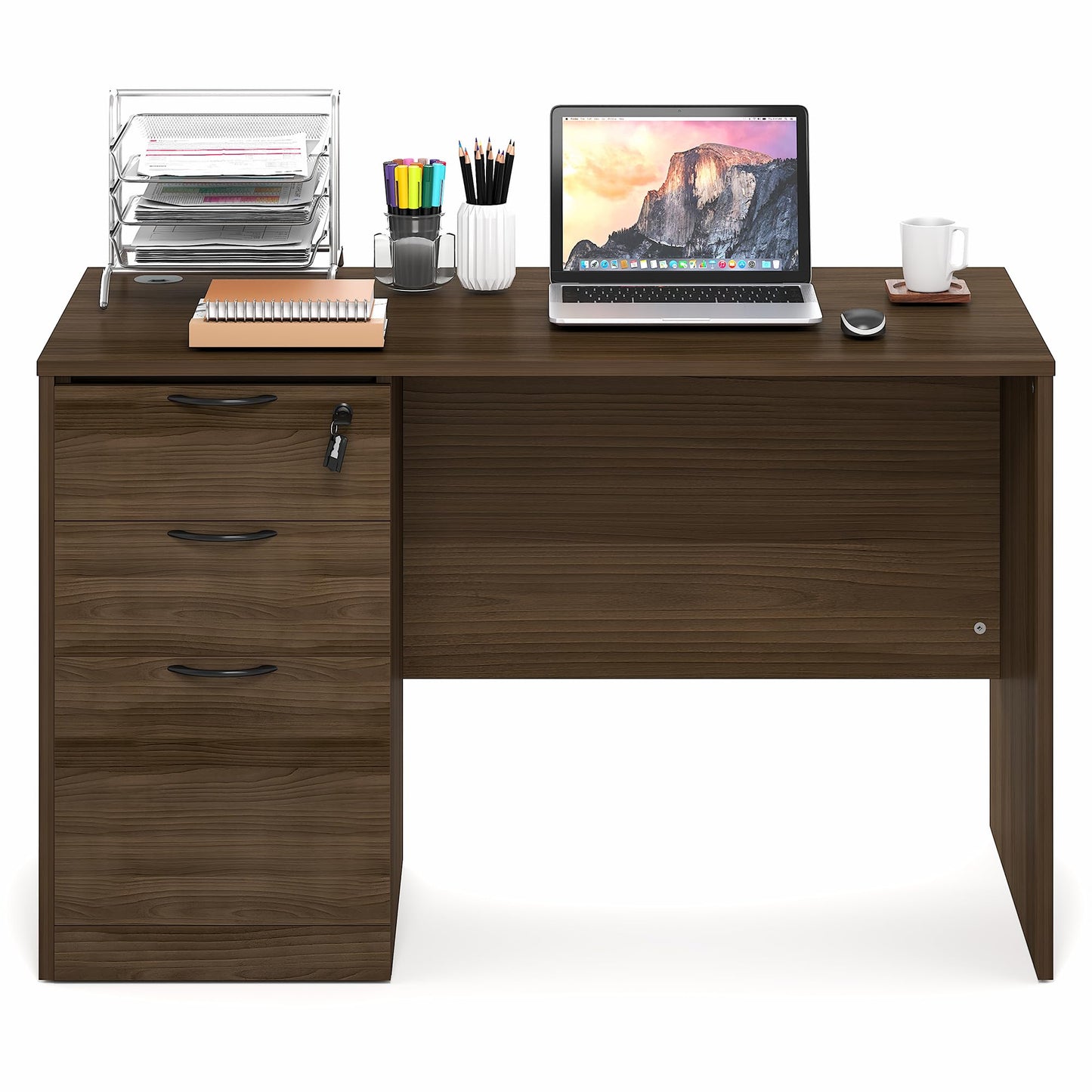 Furinno Roger 47 Inch Executive Desk with File Cabinet, Home Office Desk with 3-Drawer Fixed Pedestal Filing Cabinet, Desk Cord Grommet, for Home Office, Modern Walnut