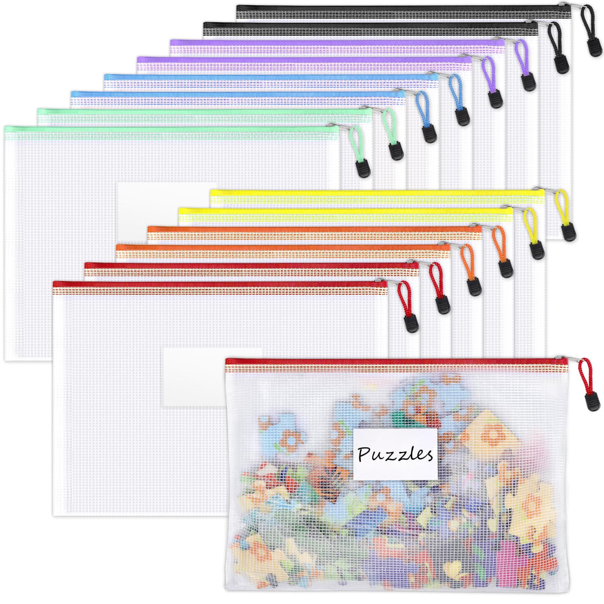Sooez 14 Pack Mesh Zipper Pouch Bags, A4 Letter Size, Zipper Bags with Label Pocket, Waterproof Bag for Classroom Organizer, School Office Teacher Supplies, Storage Pouches for Board Game Toy Storage