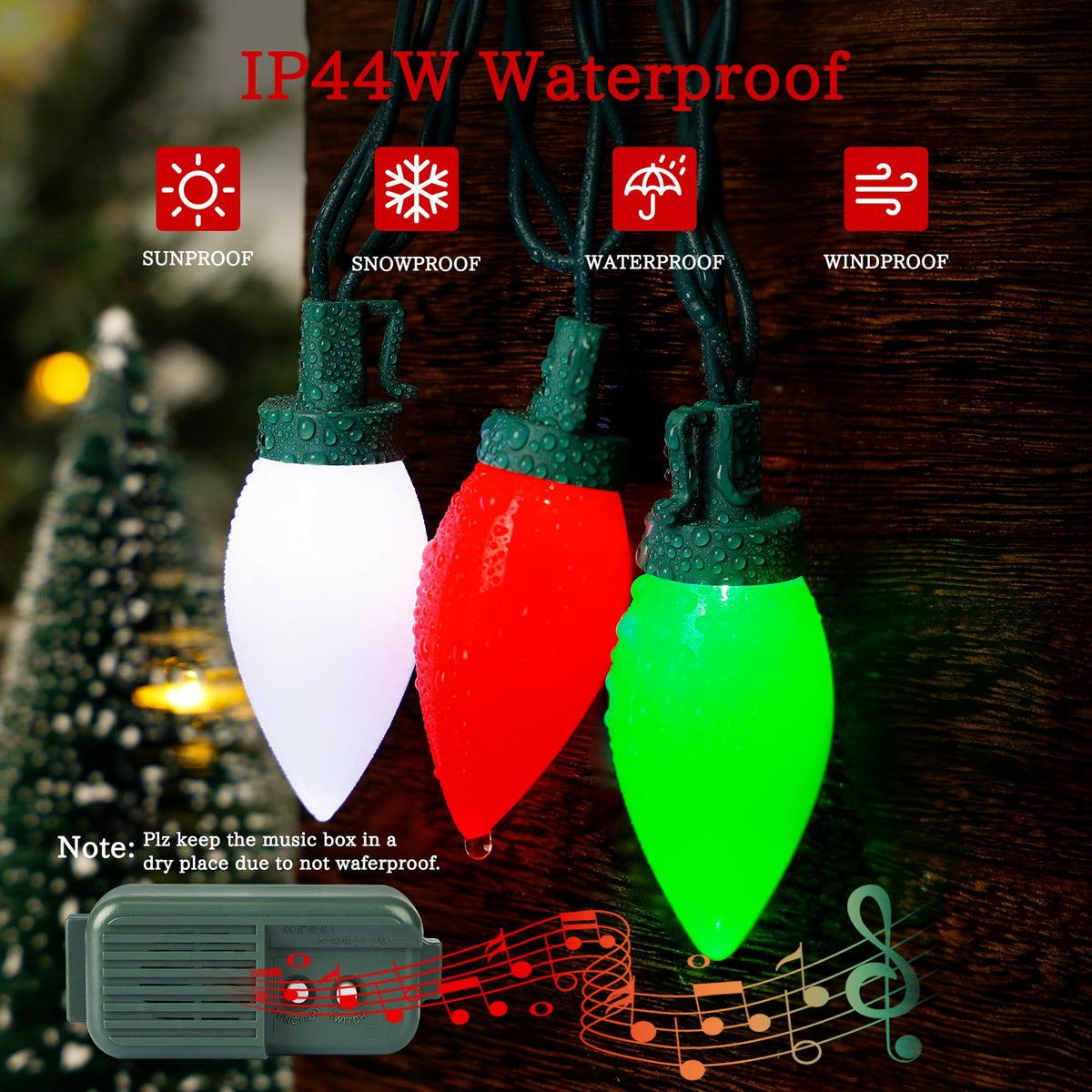 HAYATA Music Christmas Lights 35 LED C9 String Light - Fairy Xmas Decor Lighting for Outdoor, Indoor, Patio, Party, Home, Wreath, Garland, Christmas Tree Decoration. (Red&White&Green)