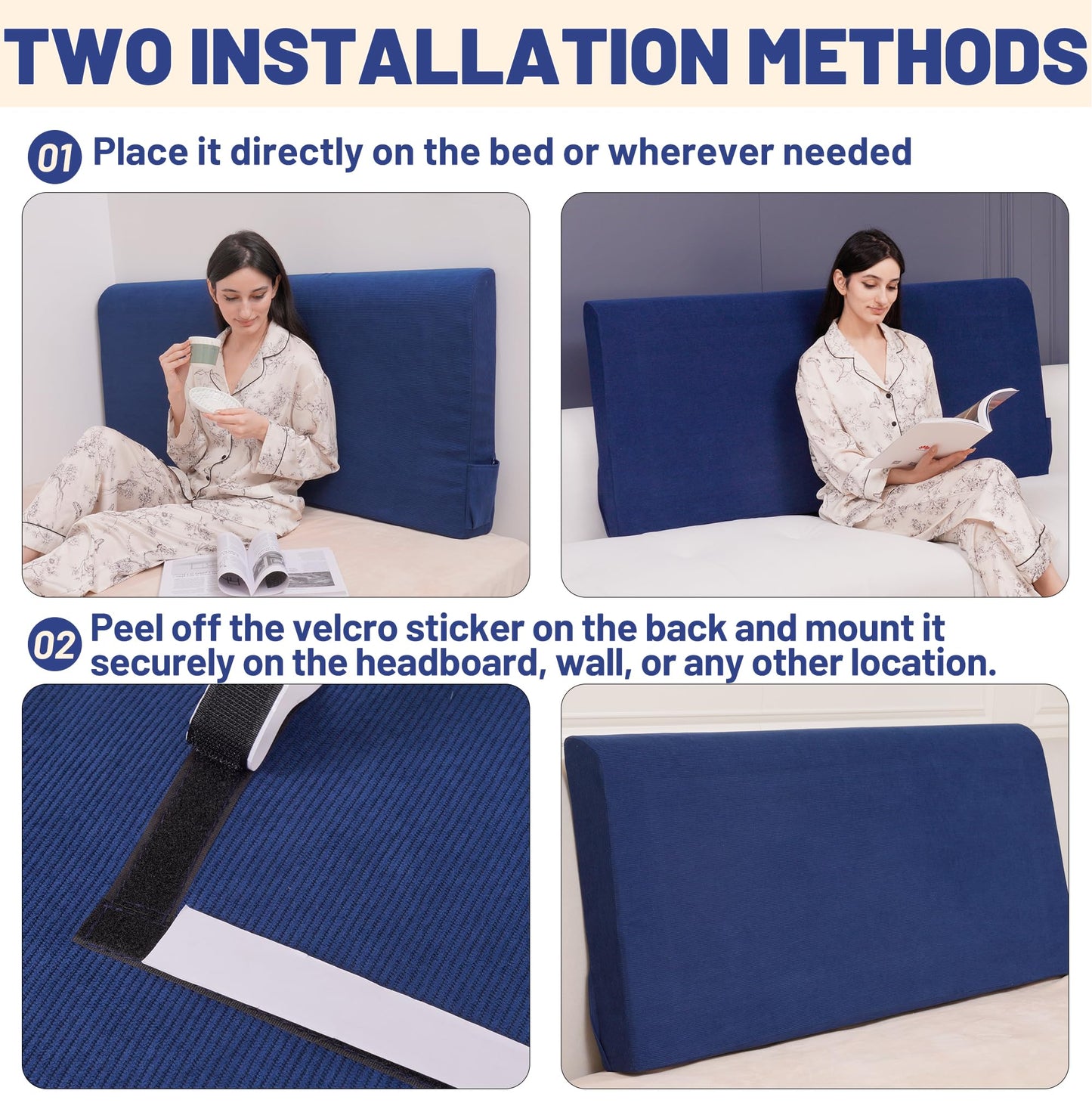Upholstered Cotton Velvet Full Headboard No Assembly Required Direct Installation, Soft Headboard with Storage Pocket, Removable Washable Cover, 3D Soundproof Bed Wall Panels, 54x4x24, Navy Blue