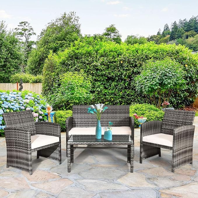 Tangkula 4 PCS Wicker Patio Conversation Set, Outdoor Rattan Sofas