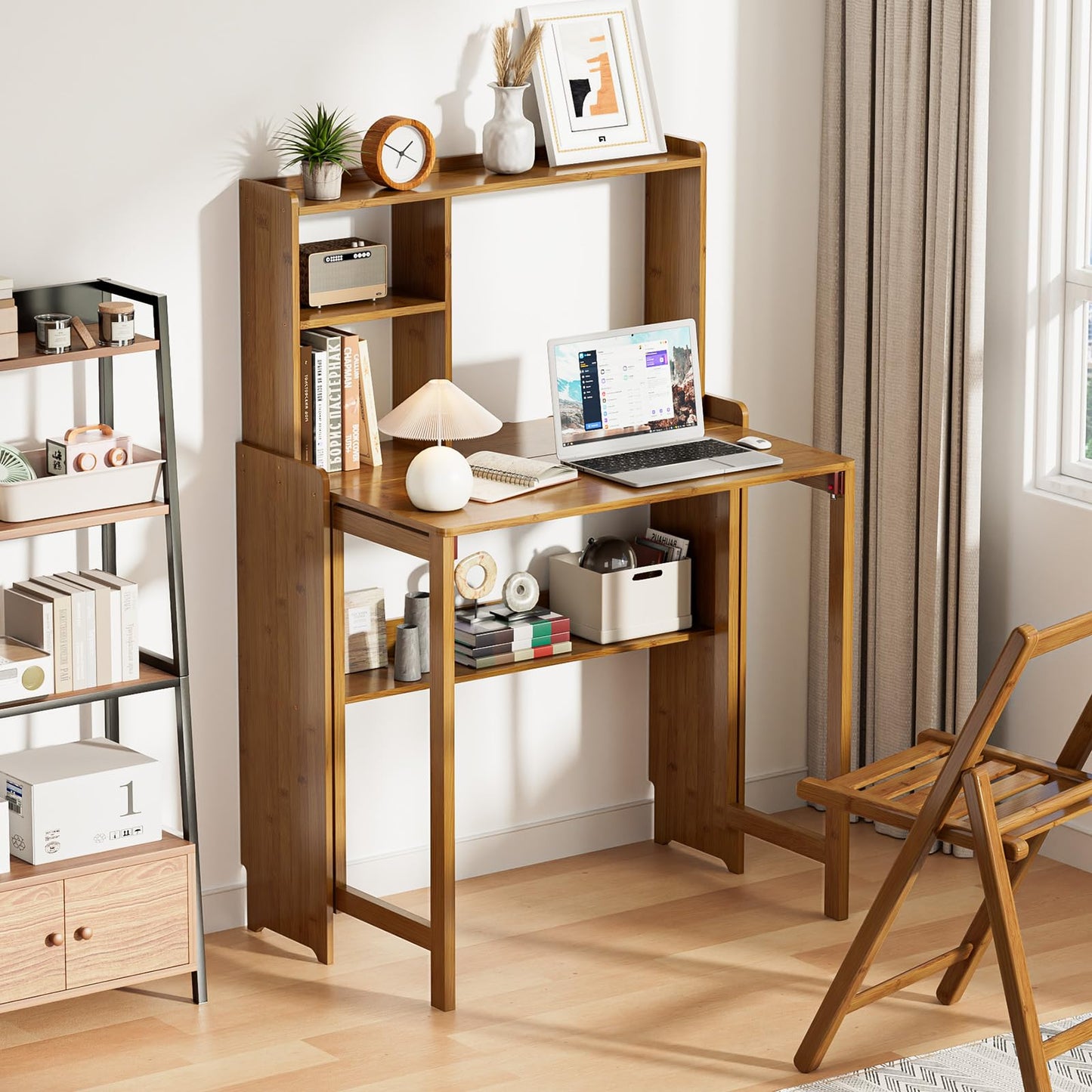 Usofhaus Bamboo Folding Desk with Bookshelf, Compact Computer Desk with Hutch for Small Spaces, Foldable Desk with Storage Shelf, Space-Saving Home Office Desk for Bedroom, Dorm, Apartment,Brown