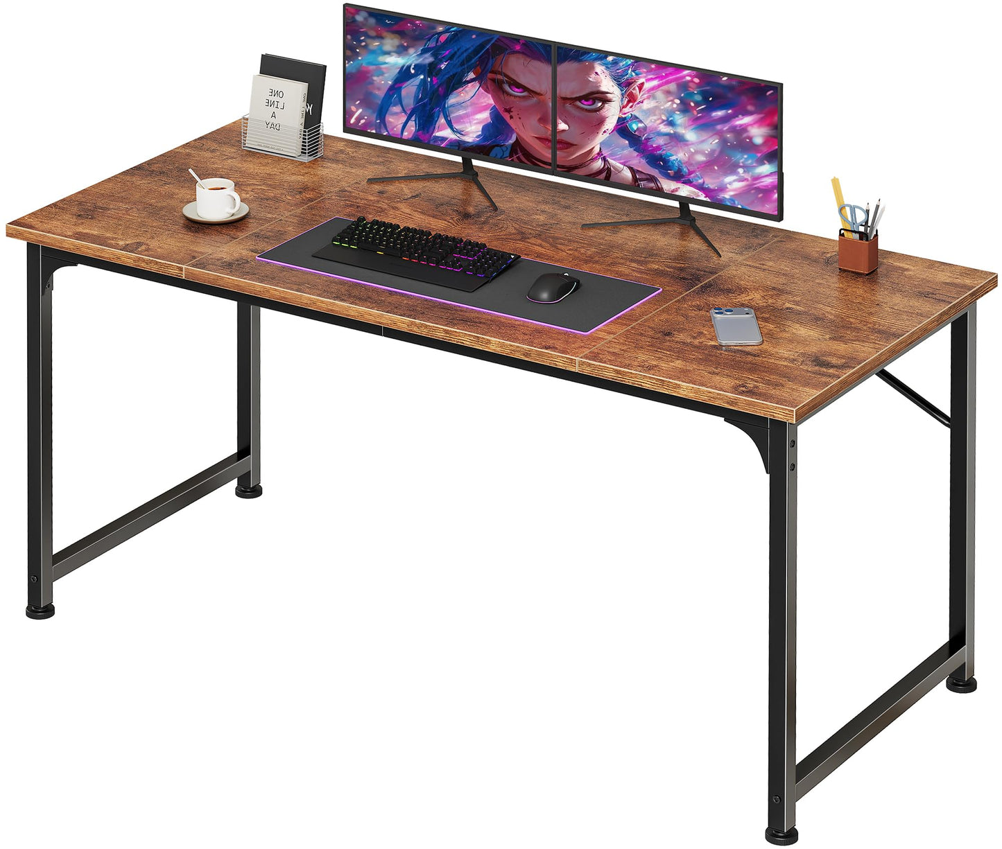 PRAISUN 47 Inch Computer Desk, Home Office Desk with Spacious Desktop, Modern Gaming Desk, Writing Study Table for Bedroom, Small Spaces, Work from Home Desk with Metal Frame, Rusitc Brown