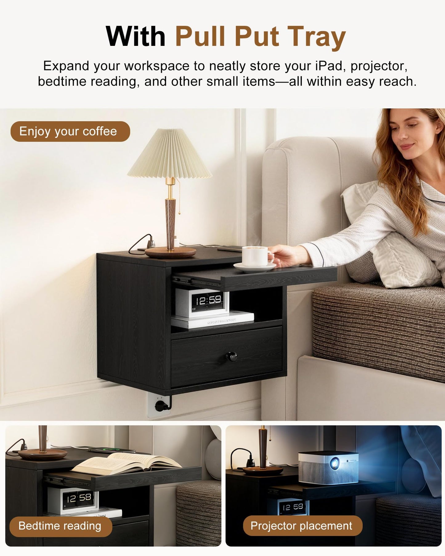 Floating Nightstand with Charging Station,Modern Bedside Table with Drawers and Extension Panel, Small Wall Mounted Nightstands for Bedroom Room，Floating Sofa Side Table（ Black ）