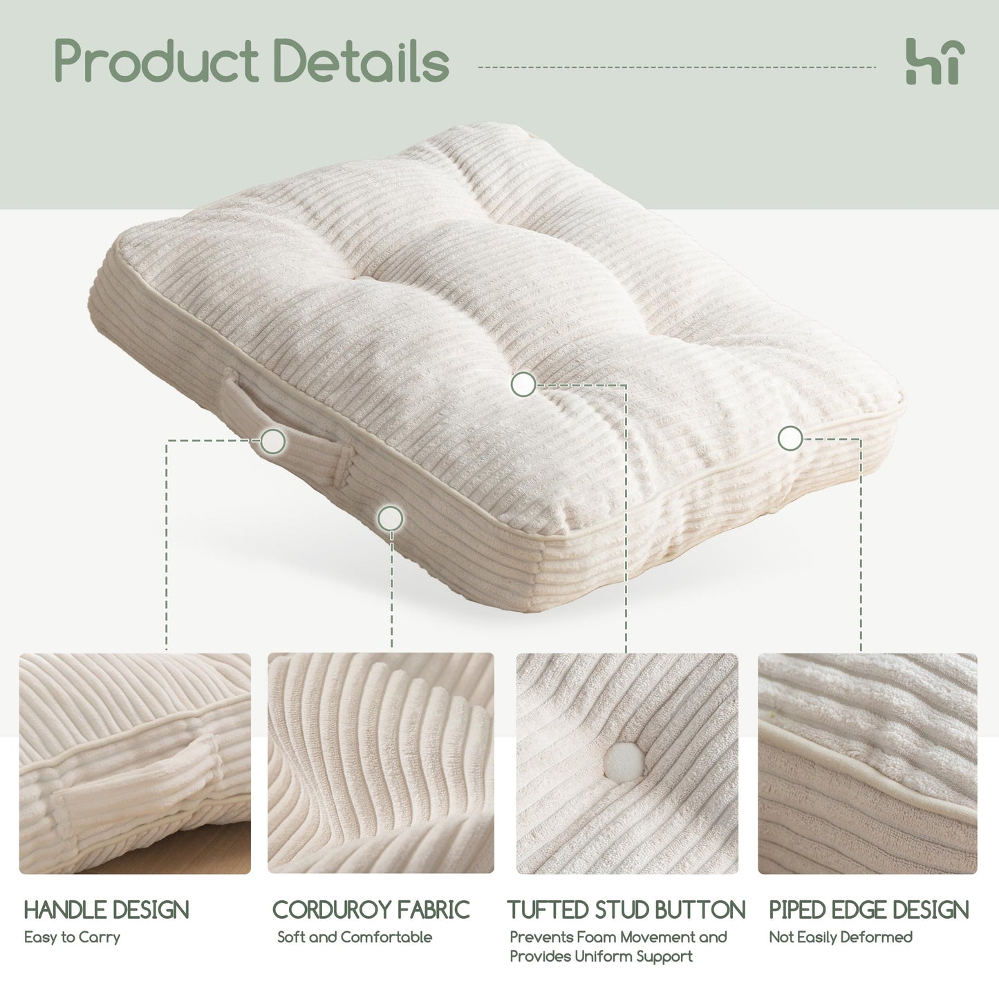 HIGOGOGO Floor Pillow Cushion for Adults, Meditation Cushion Pillow, Large Square Floor Sitting, Tufted Corduroy Cover, for Tatami Living Room or Yoga, 22x22 Inch, Beige