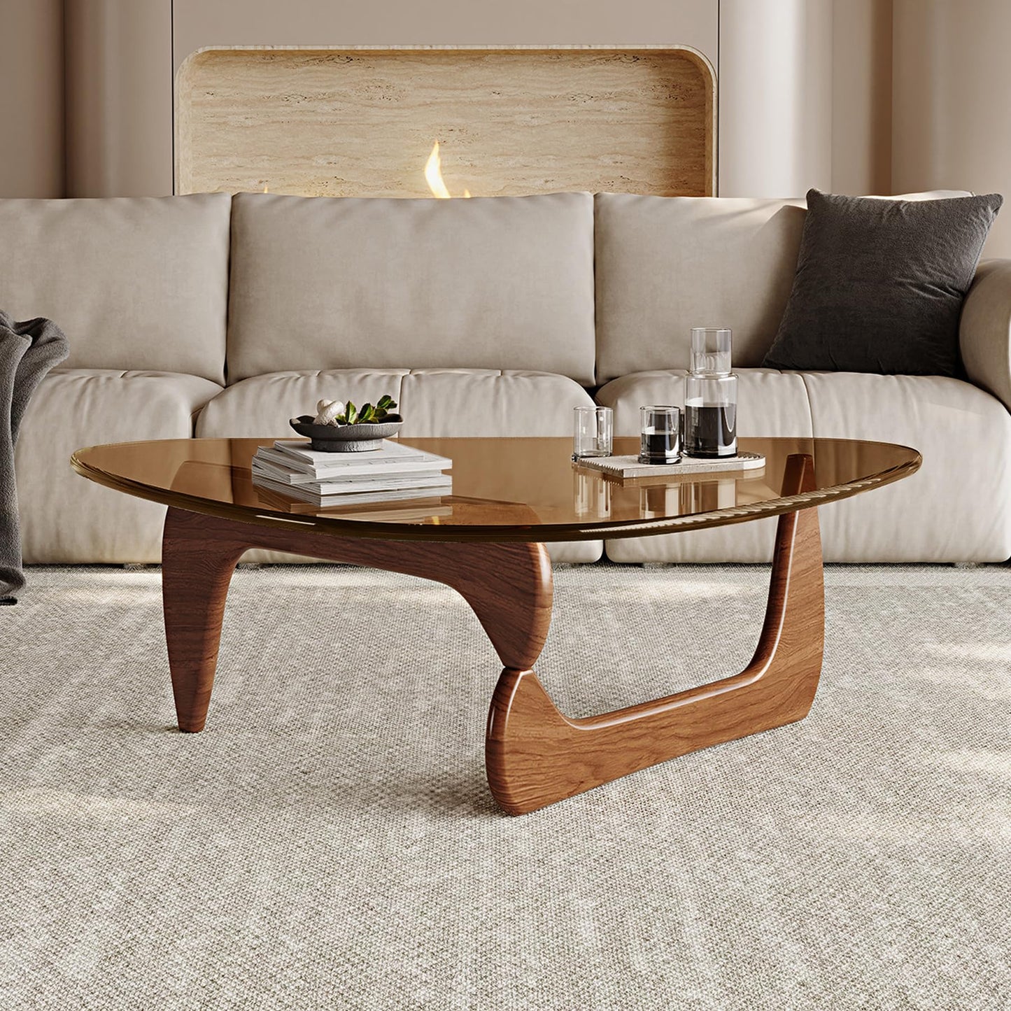 Modern Coffee Table for Living Room Retro Center Table with Wood Base & Triangle Brown Glass Top Abstract Noguchi Coffee Tables for Home Office 112